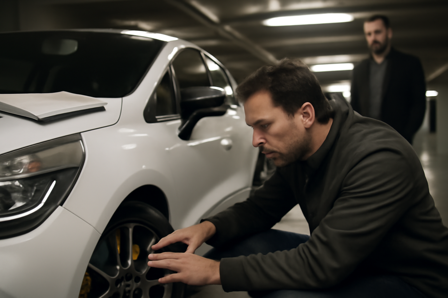 Inspection des freins et pneus sur une Renault Clio 4 RS d’occasion lors d’une visite