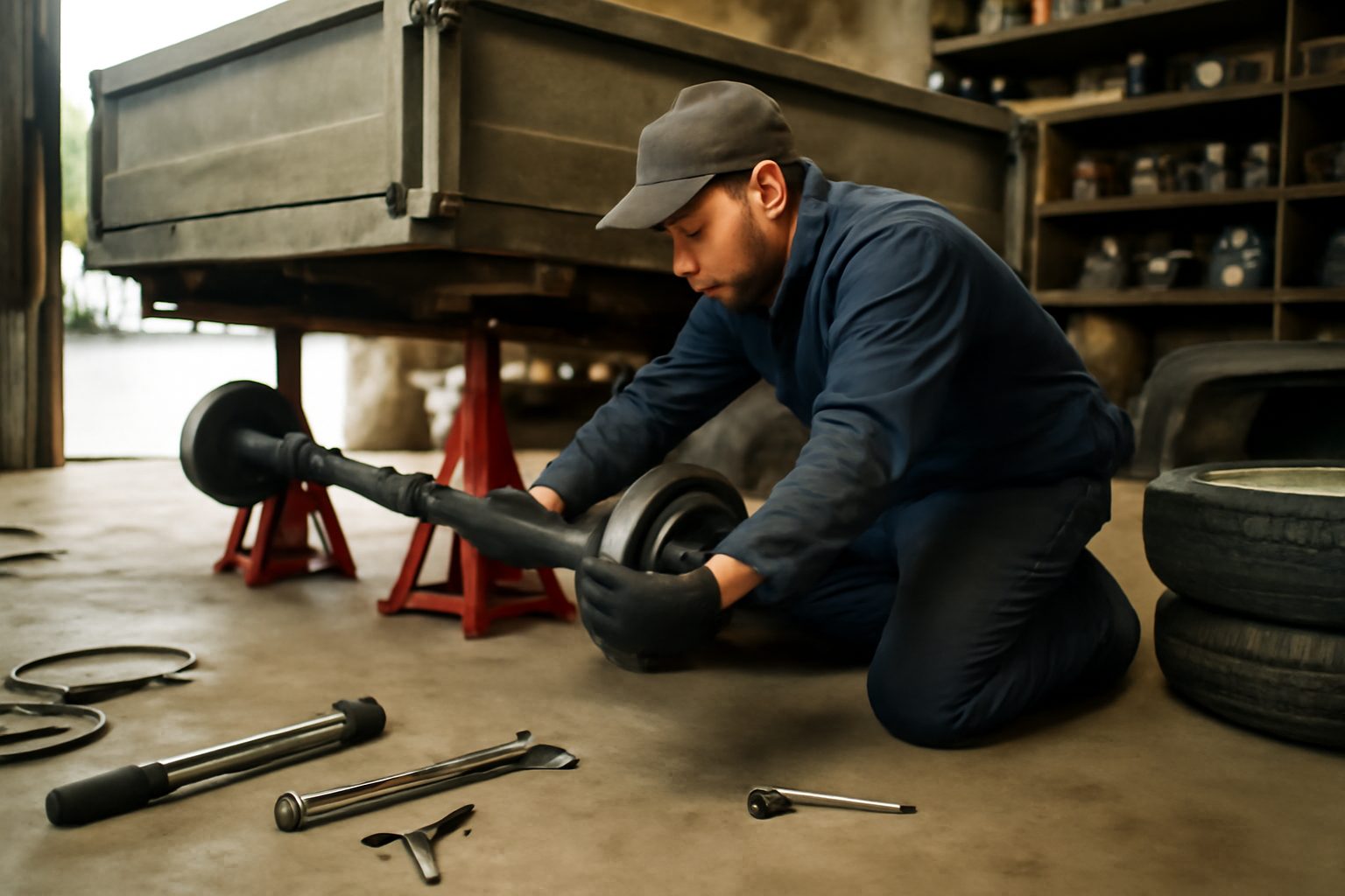79 essieu remorque : montage d’un essieu freiné sur remorque utilitaire, atelier avec outils et gants