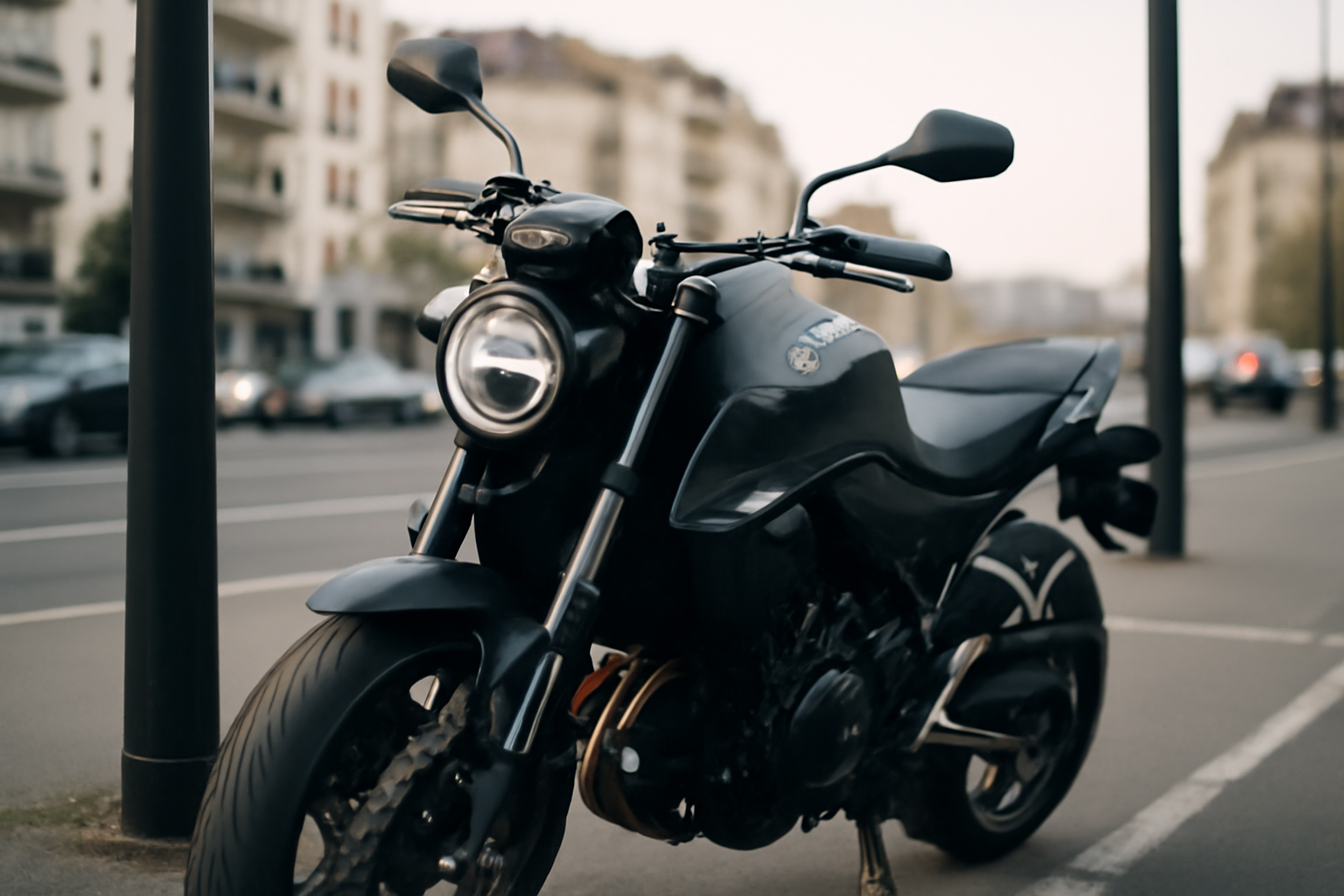 81 hornet 750 : photo réaliste d’une Honda Hornet 750 roadster noire au bord de la route, lumière d’après-midi