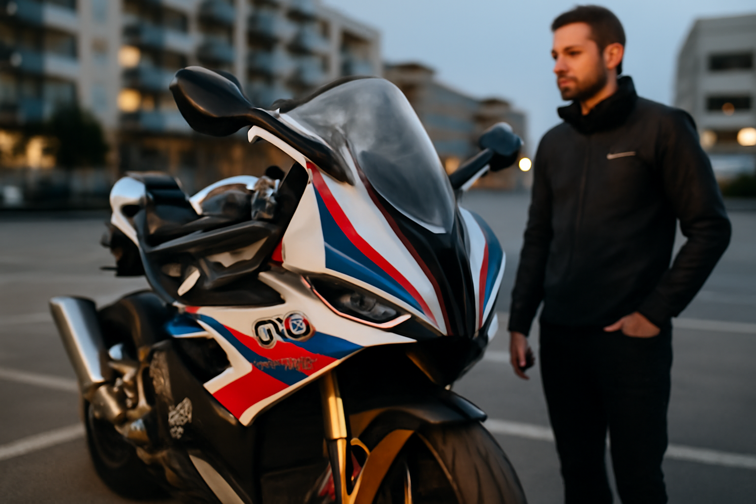 BMW M 1000 RR 86 m1000rr : vue détaillée du carénage et des éléments d’électronique sur un parking au crépuscule