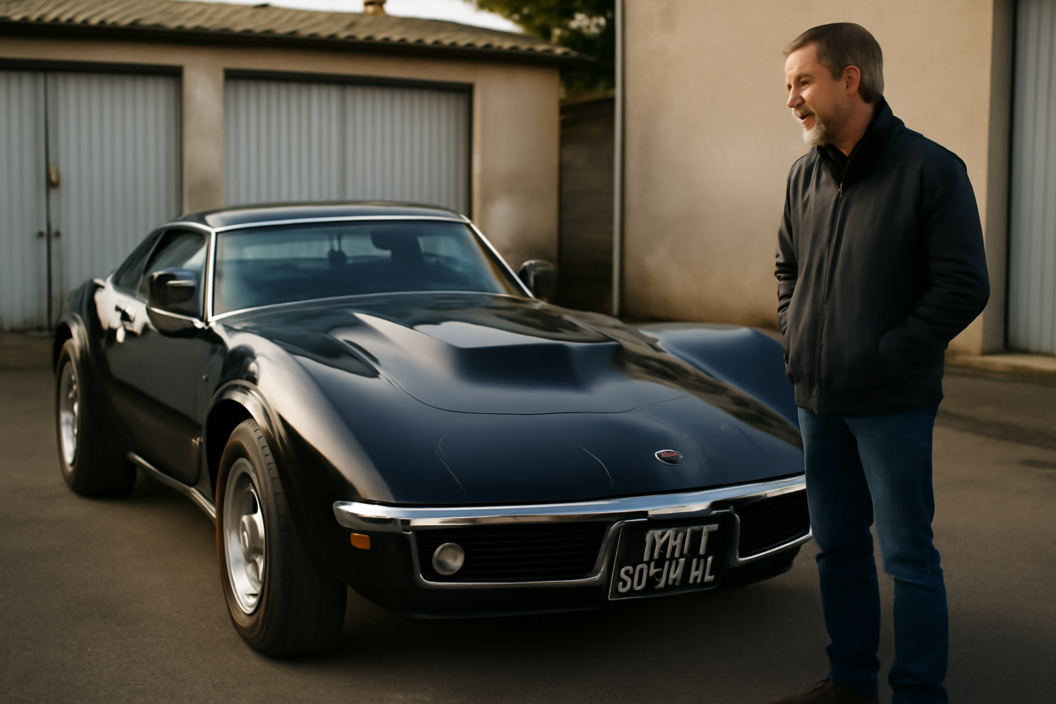 87 corvette c3 : Chevrolet Corvette C3 noire de collection, vue avant en France, ambiance années 70