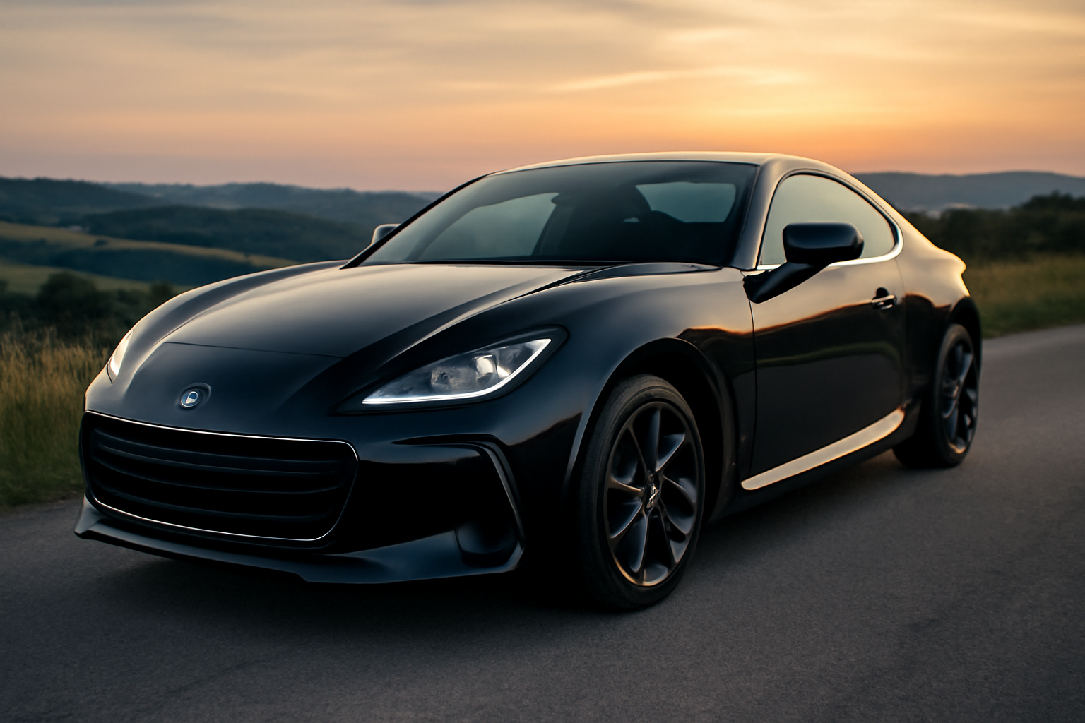Subaru BRZ automatique 205 ch garée sur route de campagne au coucher du soleil, vue avant
