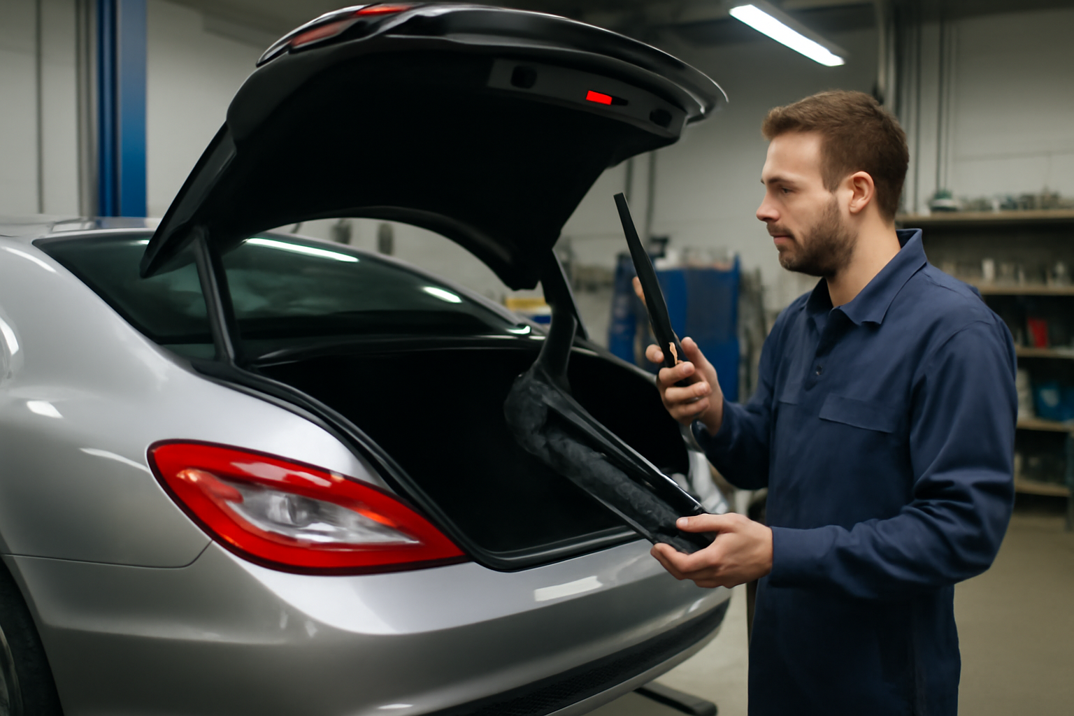 218 hayon voiture sur Mercedes CLS 218 (C218), vue arrière en atelier