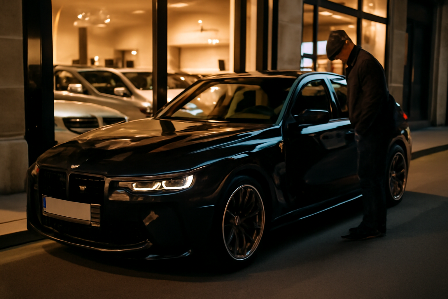 253 bmw m3 auto noire garée de nuit devant un concessionnaire, lumière de vitrine, vue trois-quarts, ambiance réaliste