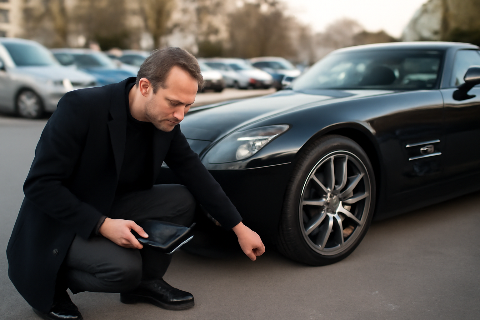Mercedes SLS AMG d’occasion, contrôle avant achat, pneus et freins visibles, lumière naturelle, parking urbain