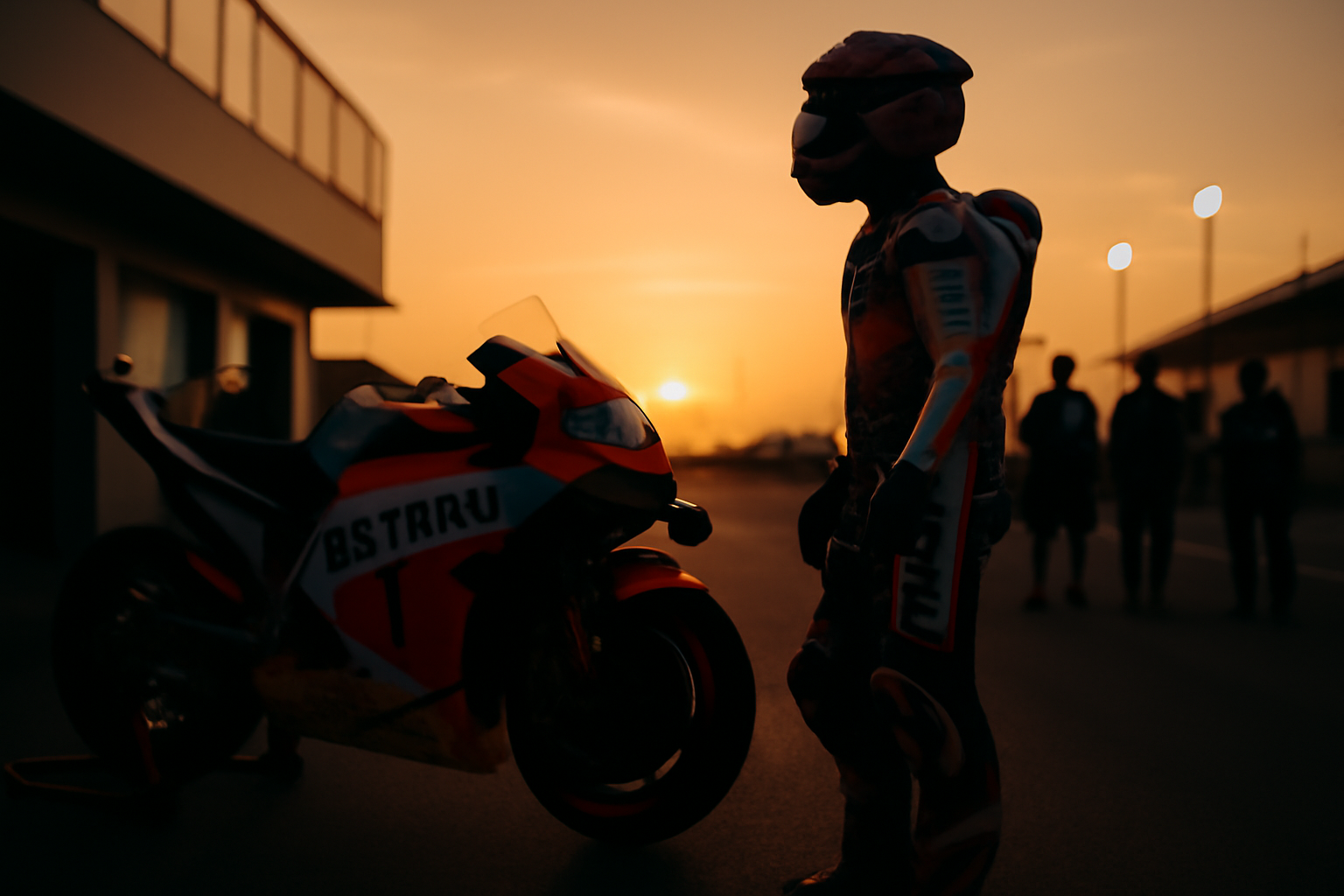 275 marc marquez marc marquez : Marc Marquez sur sa moto en paddock MotoGP, casque relevé, éclairage de fin d’après-midi
