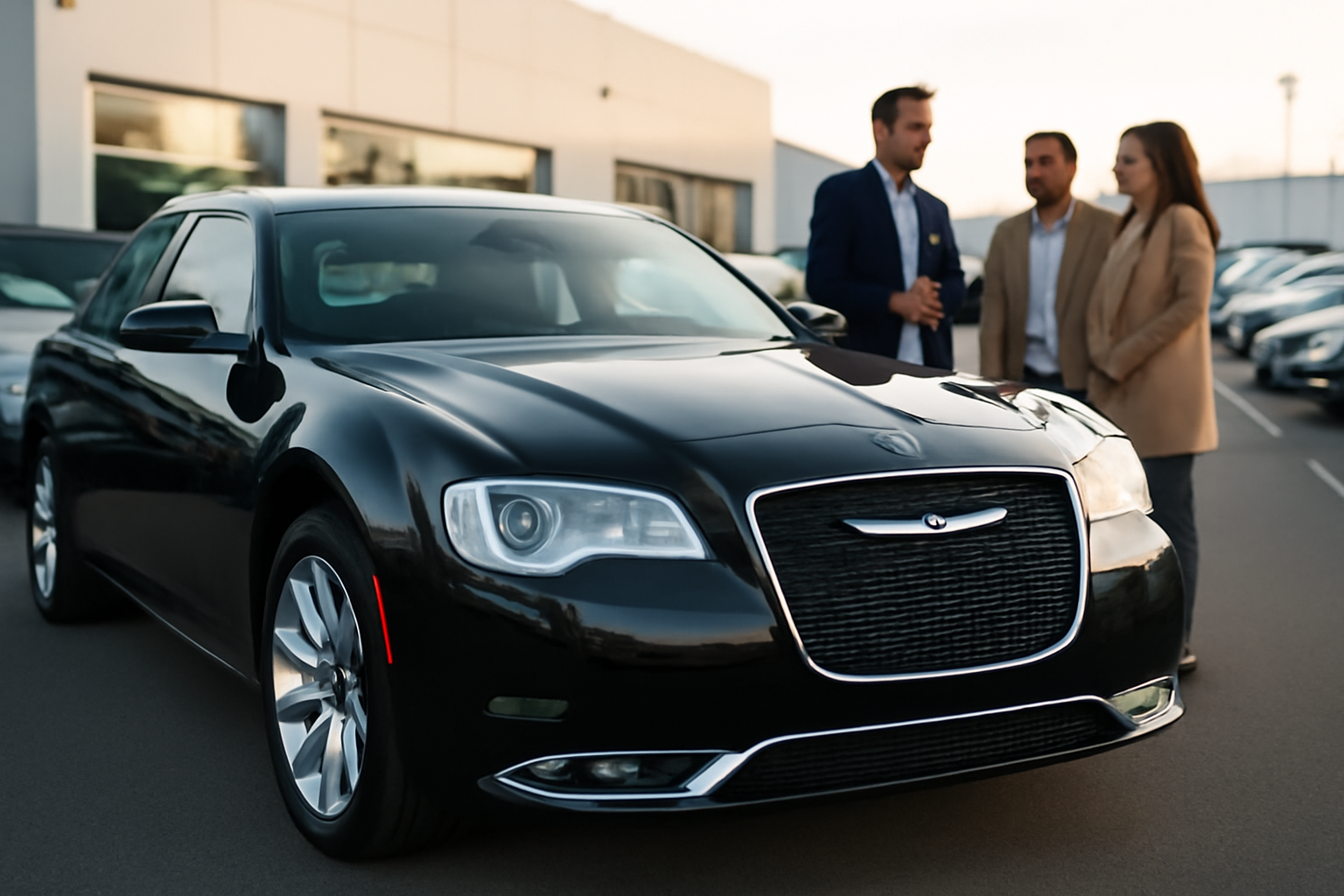 Chrysler 300 d’occasion, berline américaine noire au bord d’une route en France