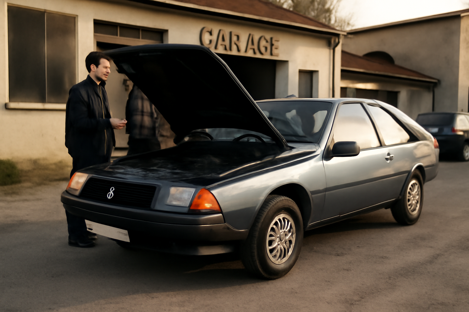320 coupe fuego : Renault Fuego de collection sur parking ensoleillé