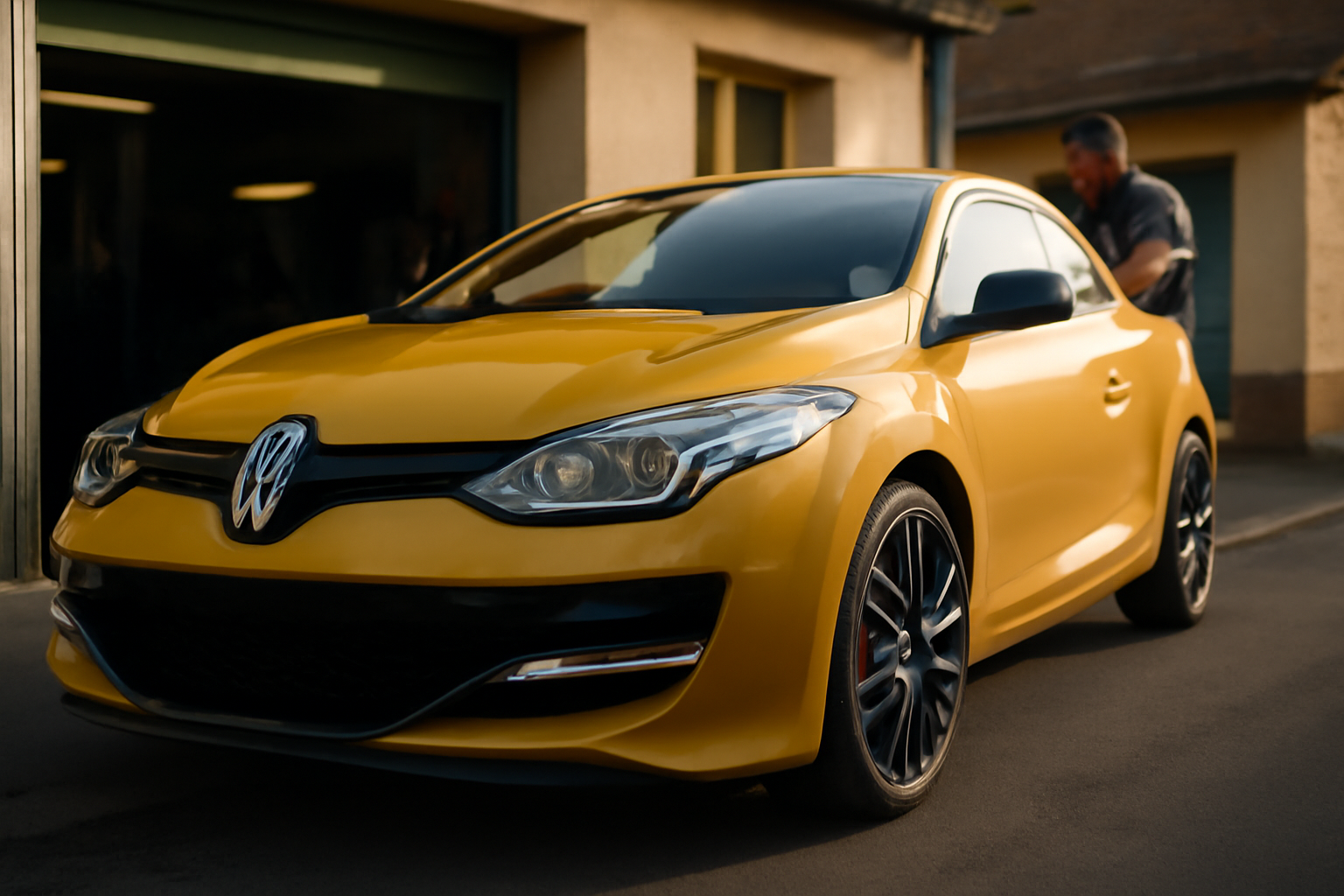 64 megane 3 rs garée devant un garage, vue avant sportive, détails des jantes et badges
