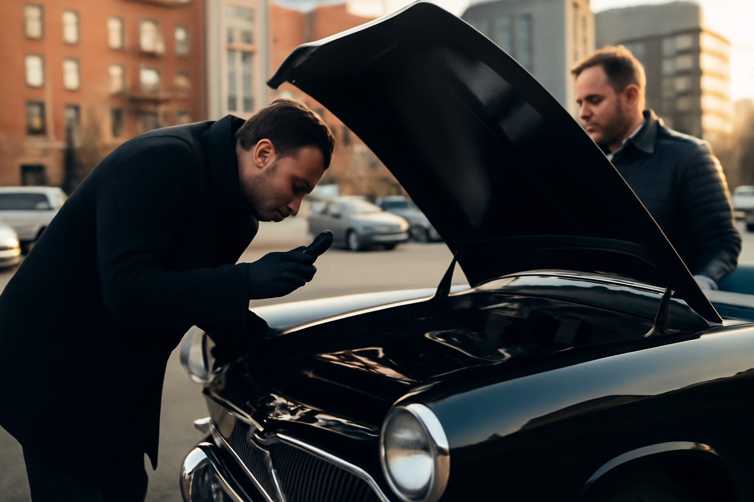 Anciennes net autos : inspection d’une voiture de collection sur un parking, lumière du matin
