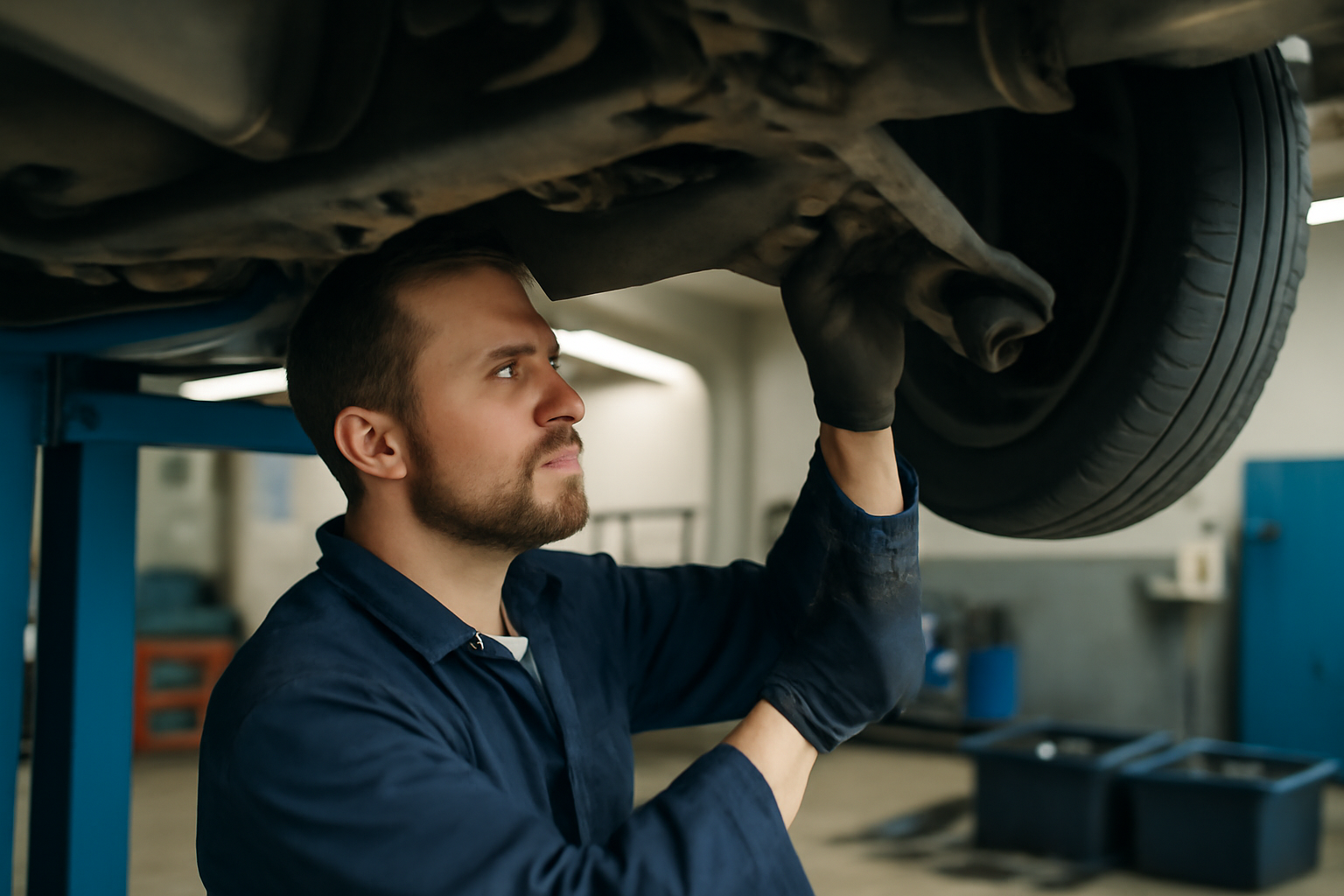 berceau voiture rouille et points de fixation sous le véhicule sur pont atelier