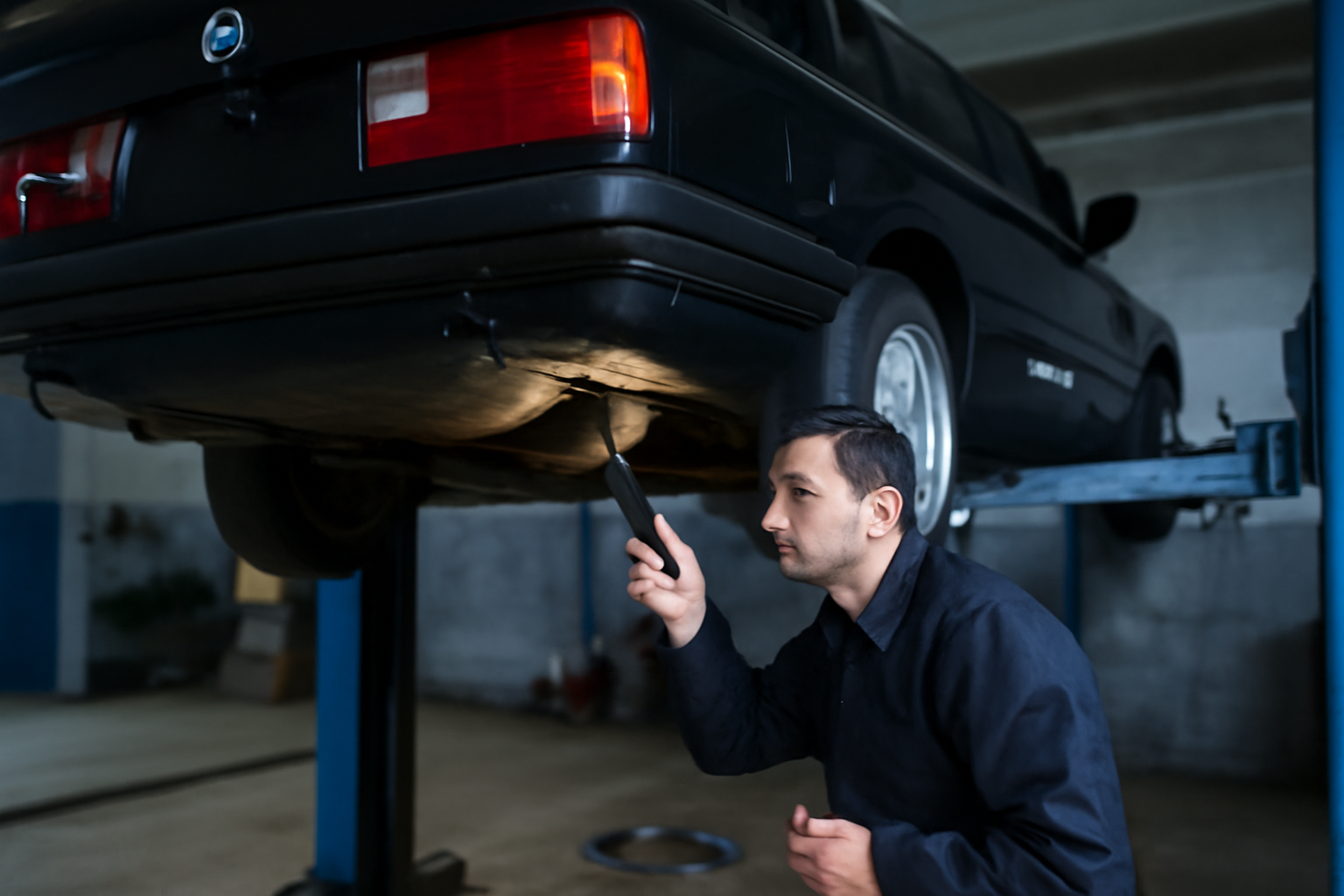 BMW E30 d’occasion inspectée sous la voiture pour la rouille et les fuites