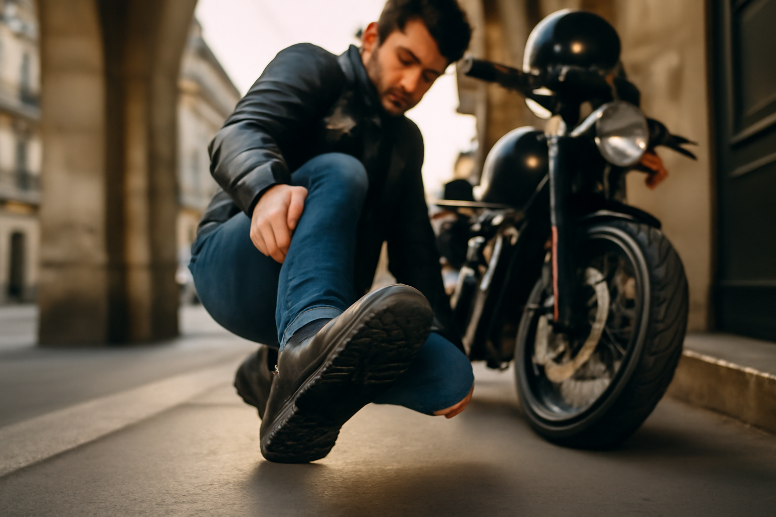 chaussure homme moto en ville, test d’adhérence sur sol sec
