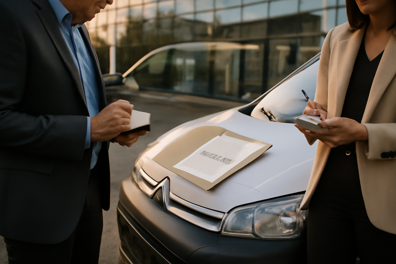 Voiture de société sur parking et document administratif mentionnant classe n 1