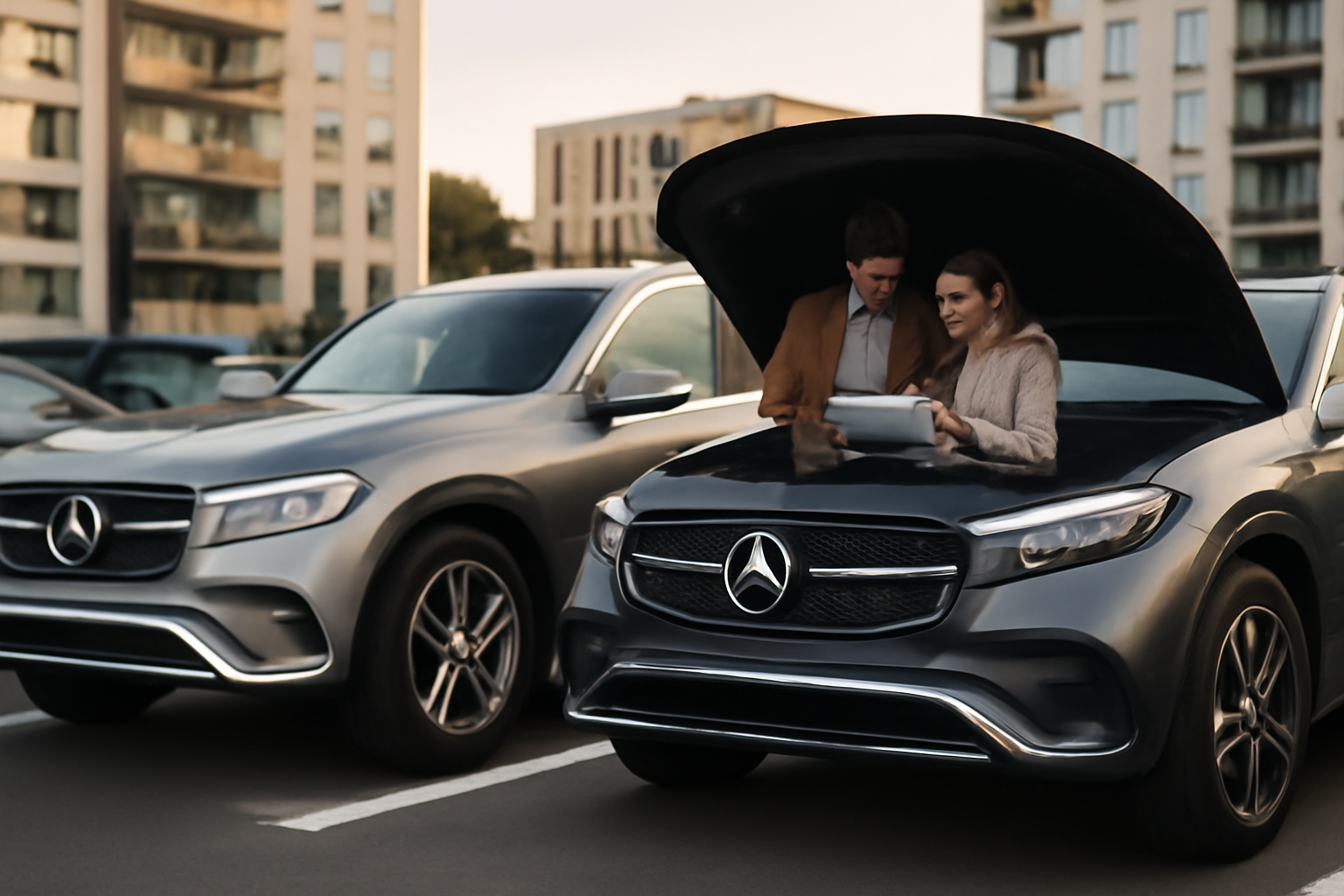 Mercedes GLC électrique et thermique, vue de face sur parking en France
