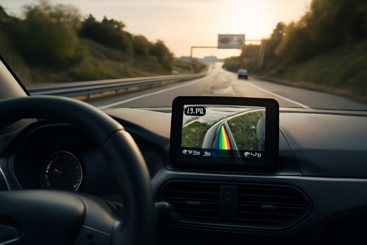 gps voiture affichant une prochaine sortie sur autoroute