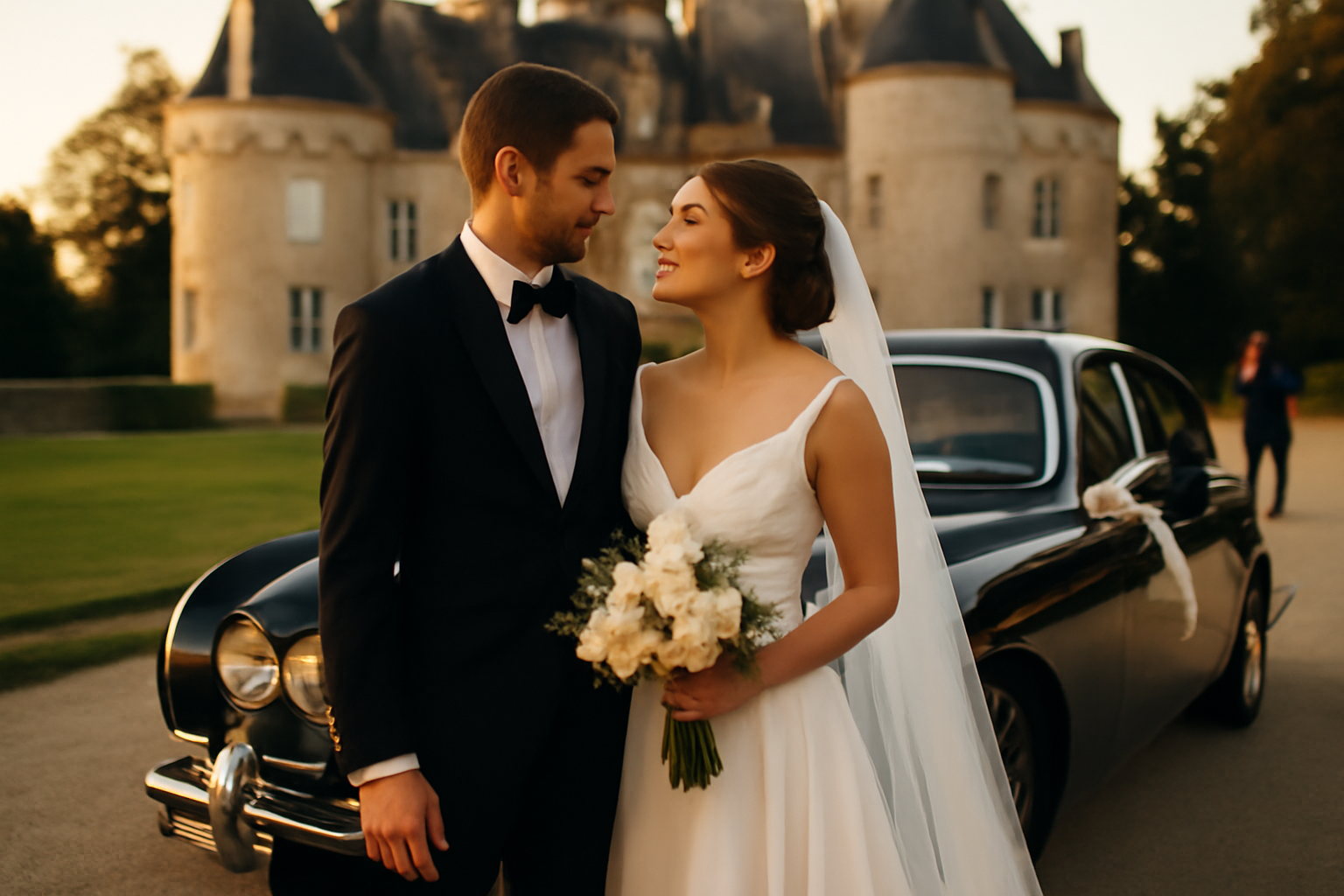 location voiture mariage : voiture de prestige noire devant un château, rubans et lumière dorée