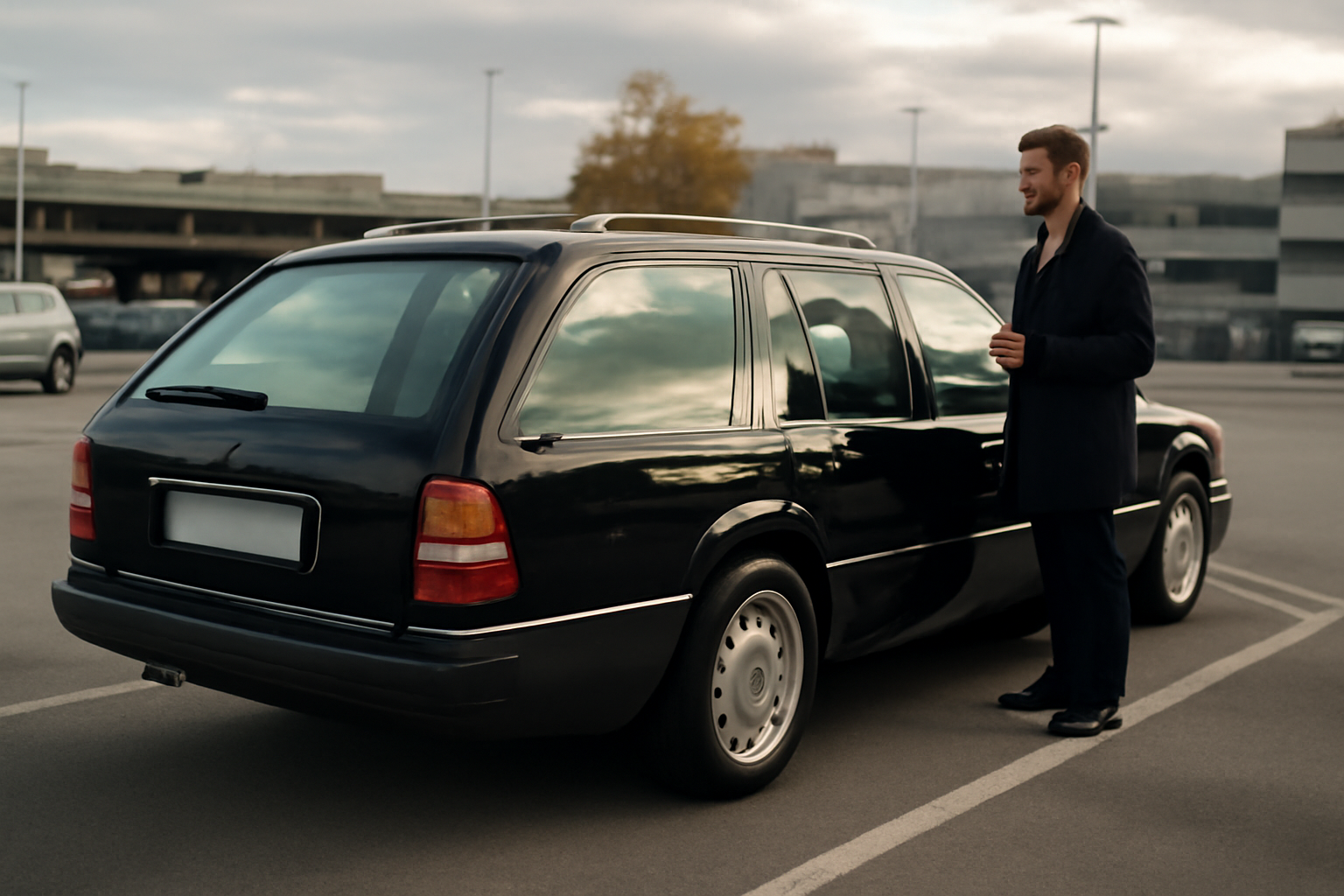 Mercedes benz s124 break W124 en extérieur, vue arrière sur parking, lumière naturelle