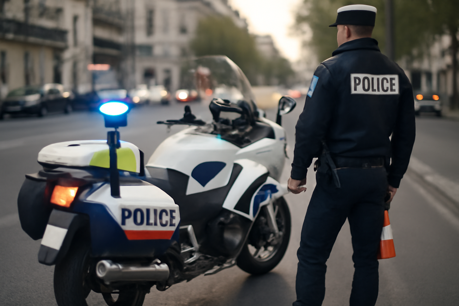Moto de police française avec gyrophare et équipements de communication sur route urbaine, lumière de jour