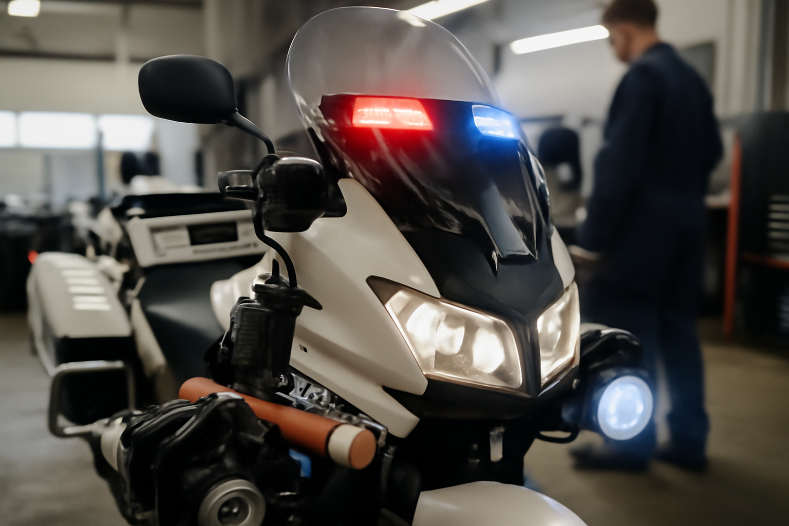 Équipements d’une moto de police : gyrophare, radio et éclairage renforcé sur véhicule de service