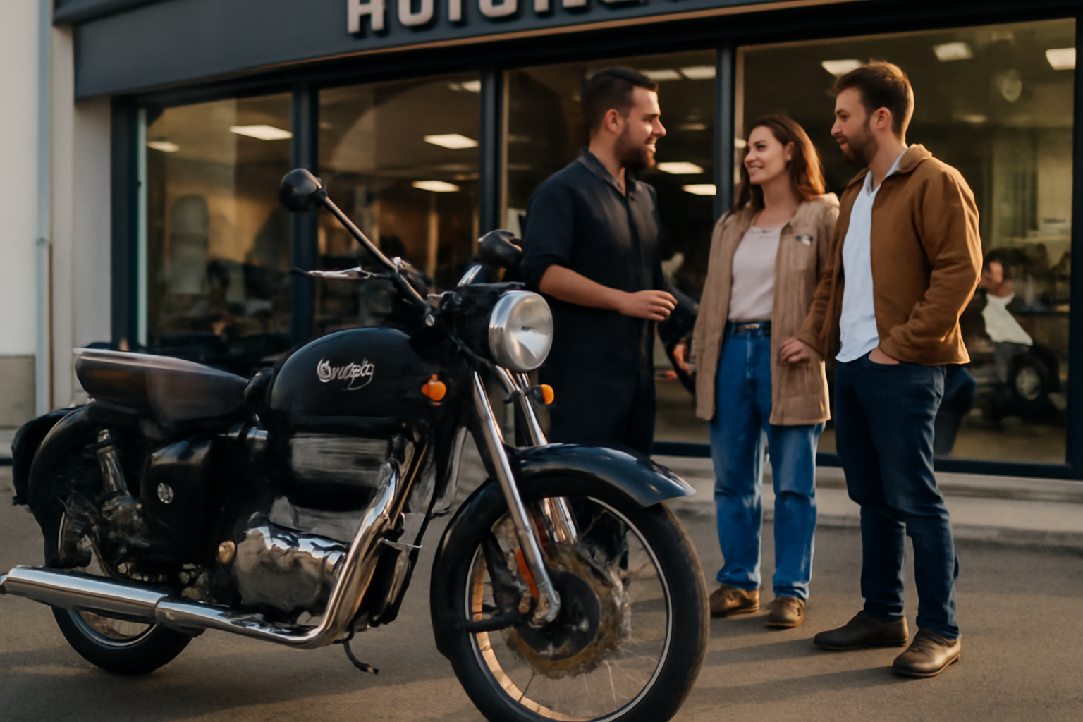 motor royal enfield sur une route française, moto rétro devant un concessionnaire