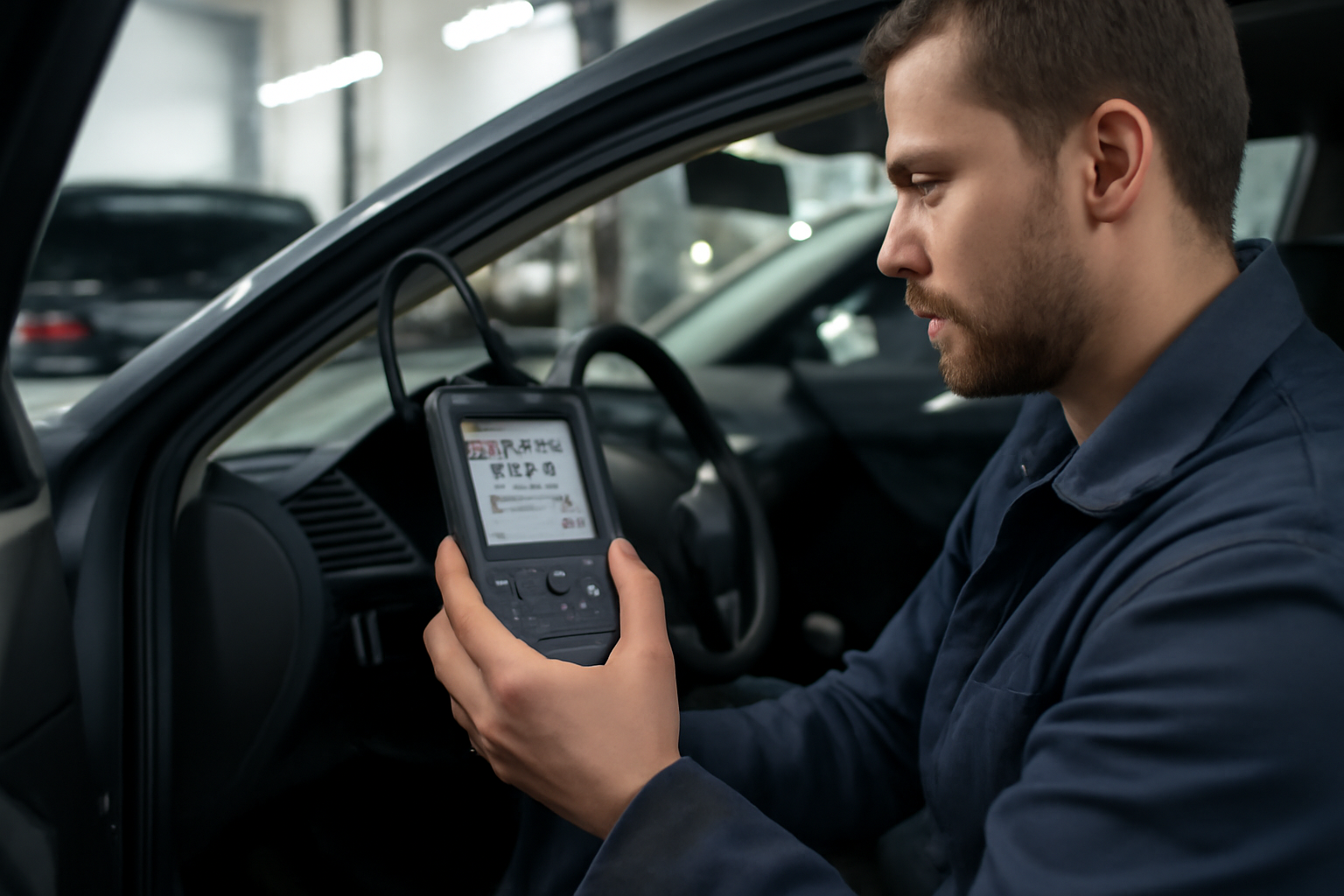 Voiture diagnostiquée OBD avec lecture du code p0299 en atelier, technicien et écran de diagnostic