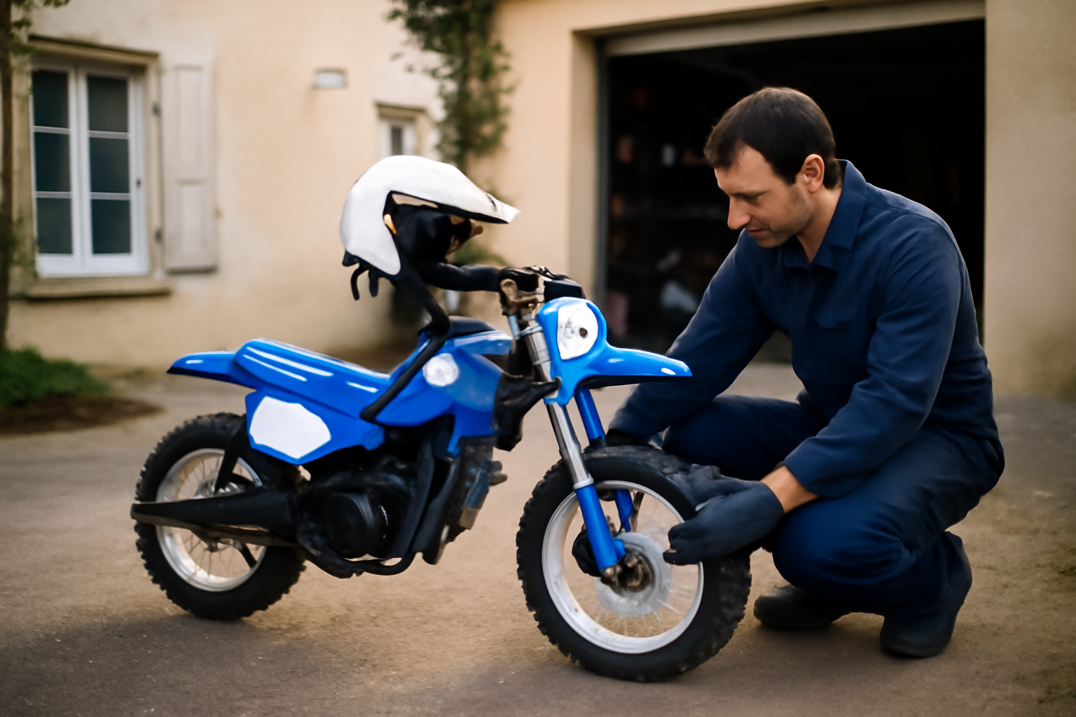 Piwi 50 Yamaha PW50 bleue garée devant un garage, inspection des pneus et de la chaîne