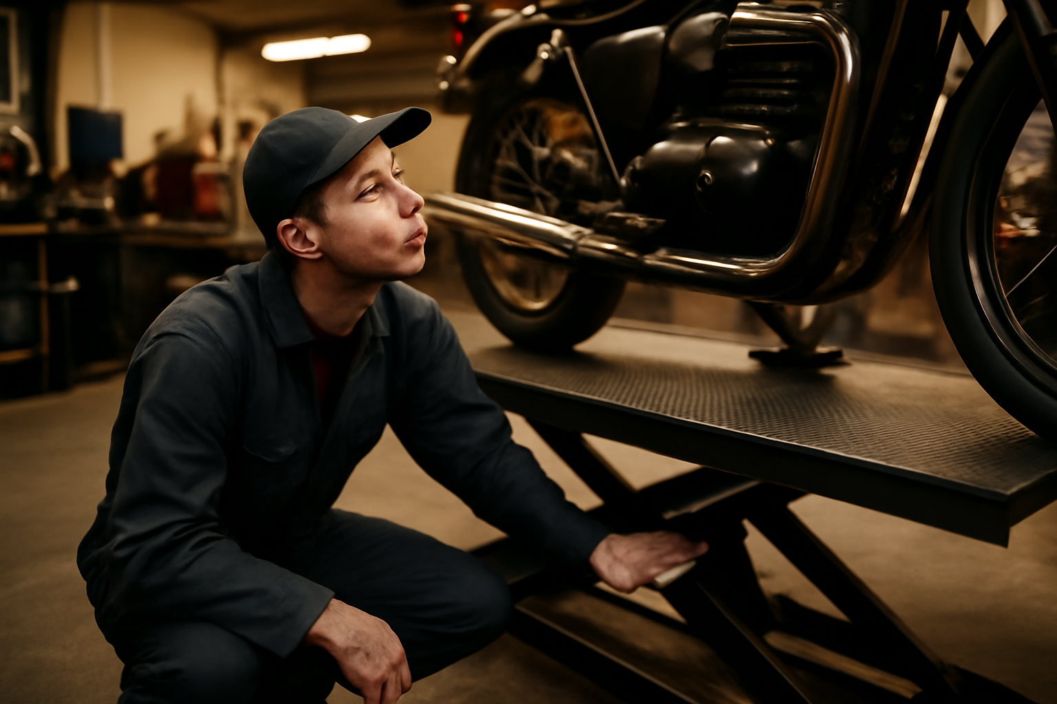 pont moto en atelier, mécanicien préparant une moto sur un pont élévateur