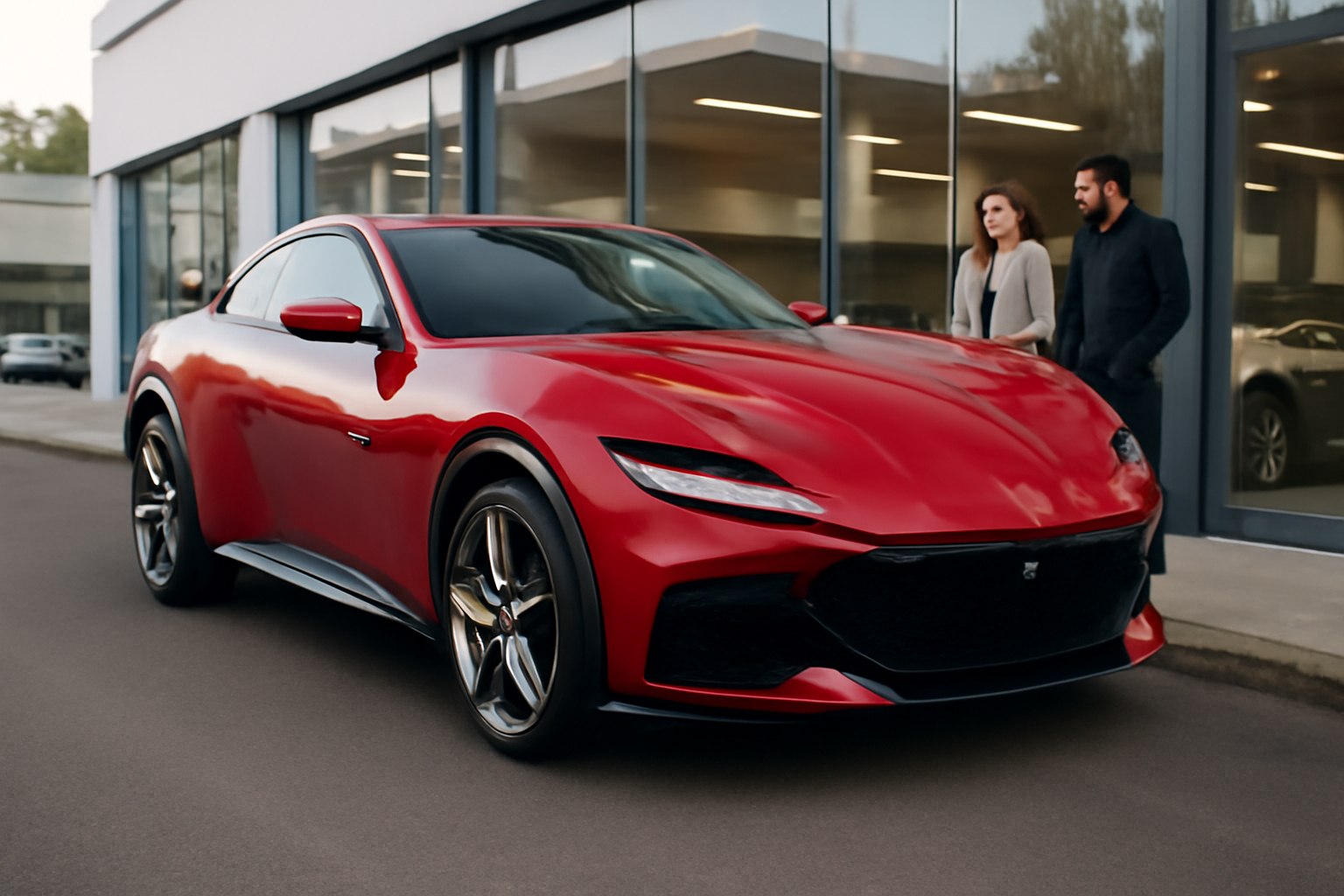 Purosangue Ferrari rouge garée devant un concessionnaire, lumière du matin, vue trois-quarts avant