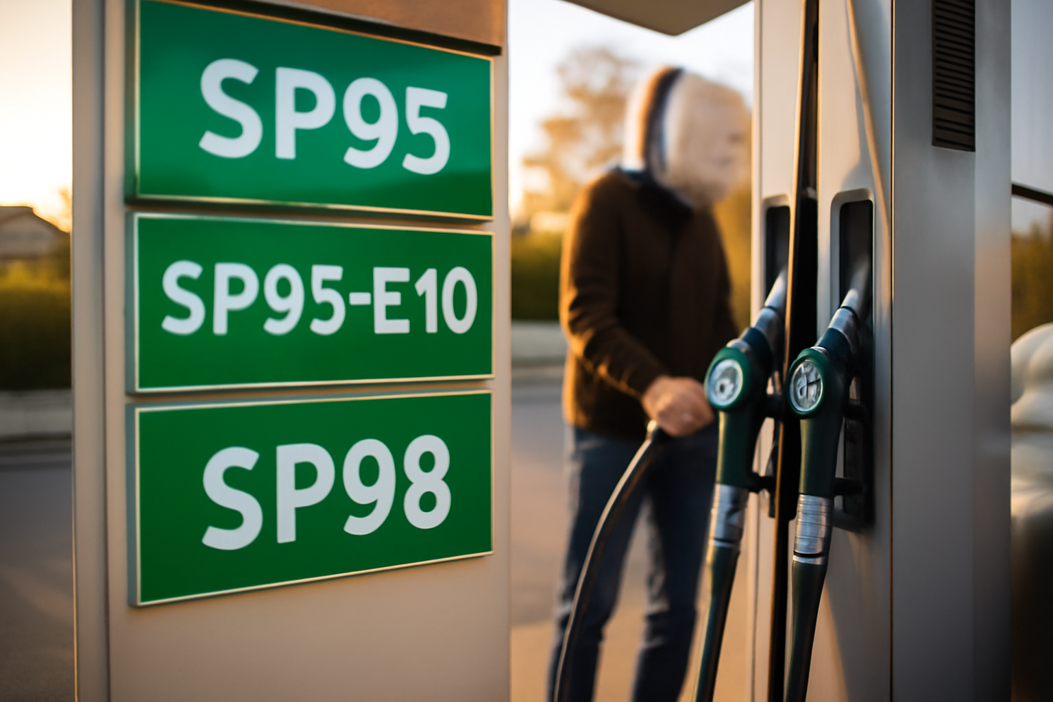 Station-service affichant sp95, sp95-e10 et sp98 sur les pompes, vue réaliste