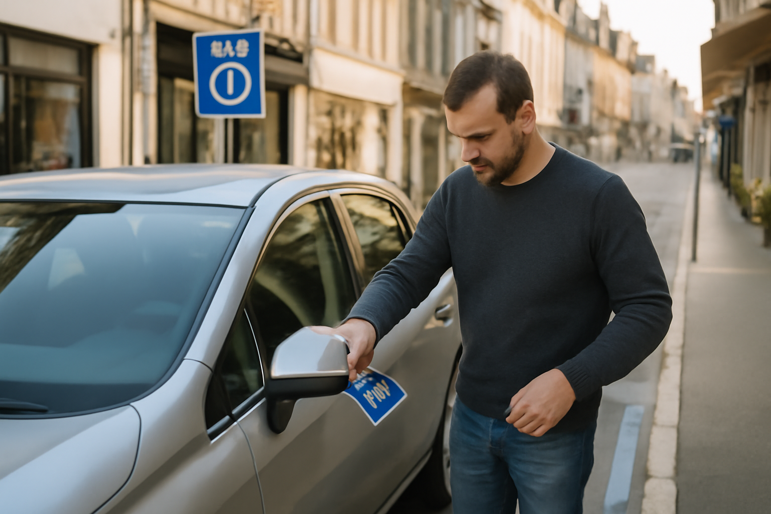 Stationner zone bleue en France : panneau bleu et marquage au sol devant un parking