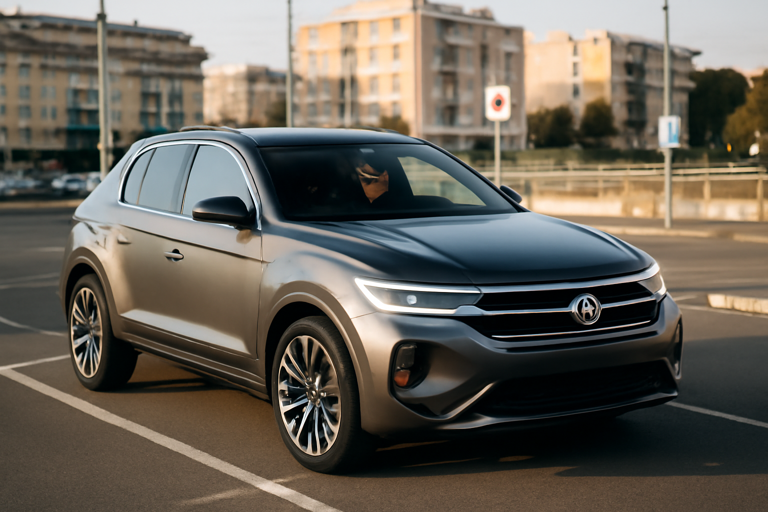 Volkswagen T-Roc 2026 au soleil en ville, vue trois-quarts avant