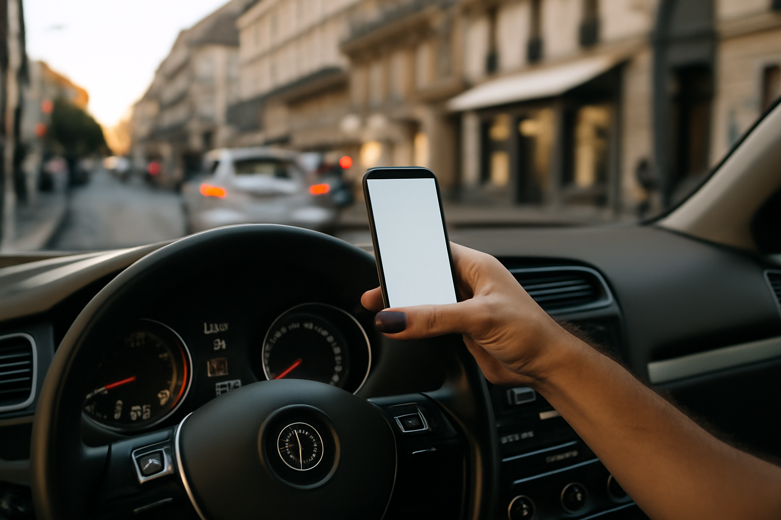 Conducteur observant son téléphone au volant, scène photo réaliste en France