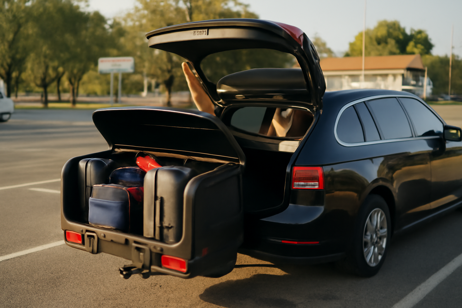 towbox coffre d’attelage sur véhicule avec bagages prêts pour départ vacances