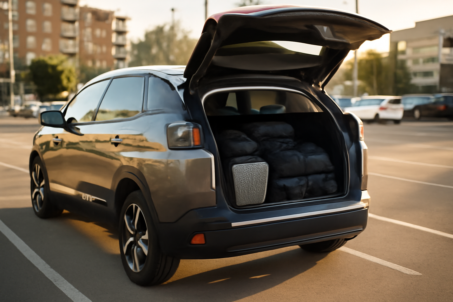 volume coffre 3008 : coffre de la Peugeot 3008 ouvert avec valises et sacs, photo réaliste en lumière naturelle