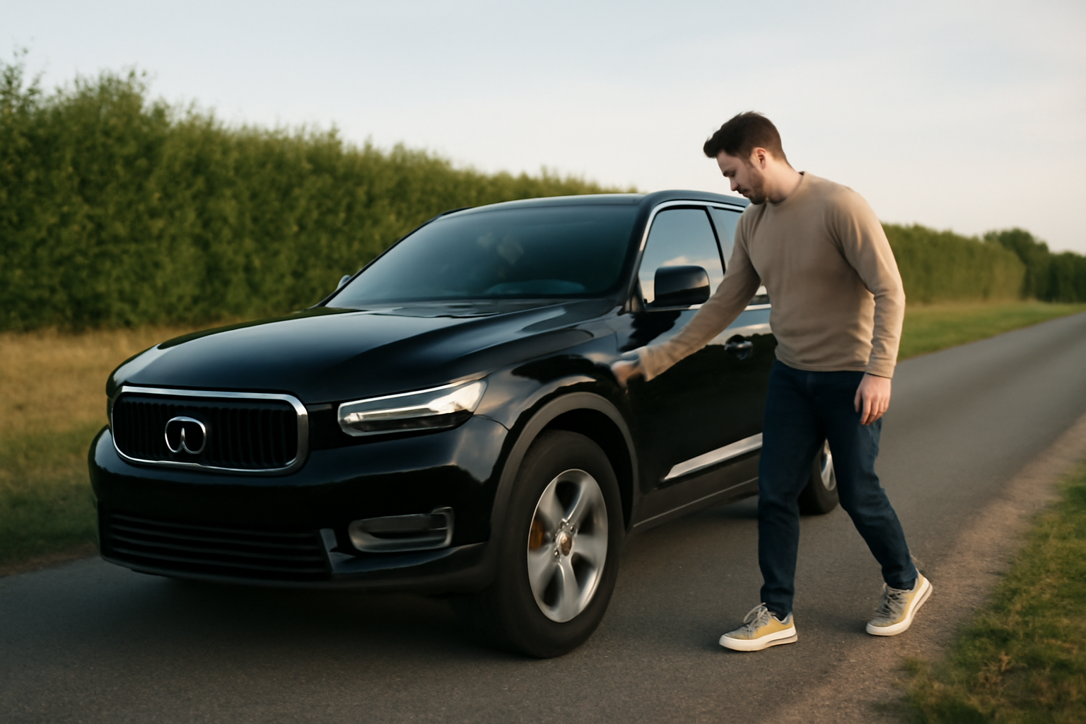 Volvo XC40 noire au bord d’une route en France, lumière du matin, conducteur prêt pour un essai