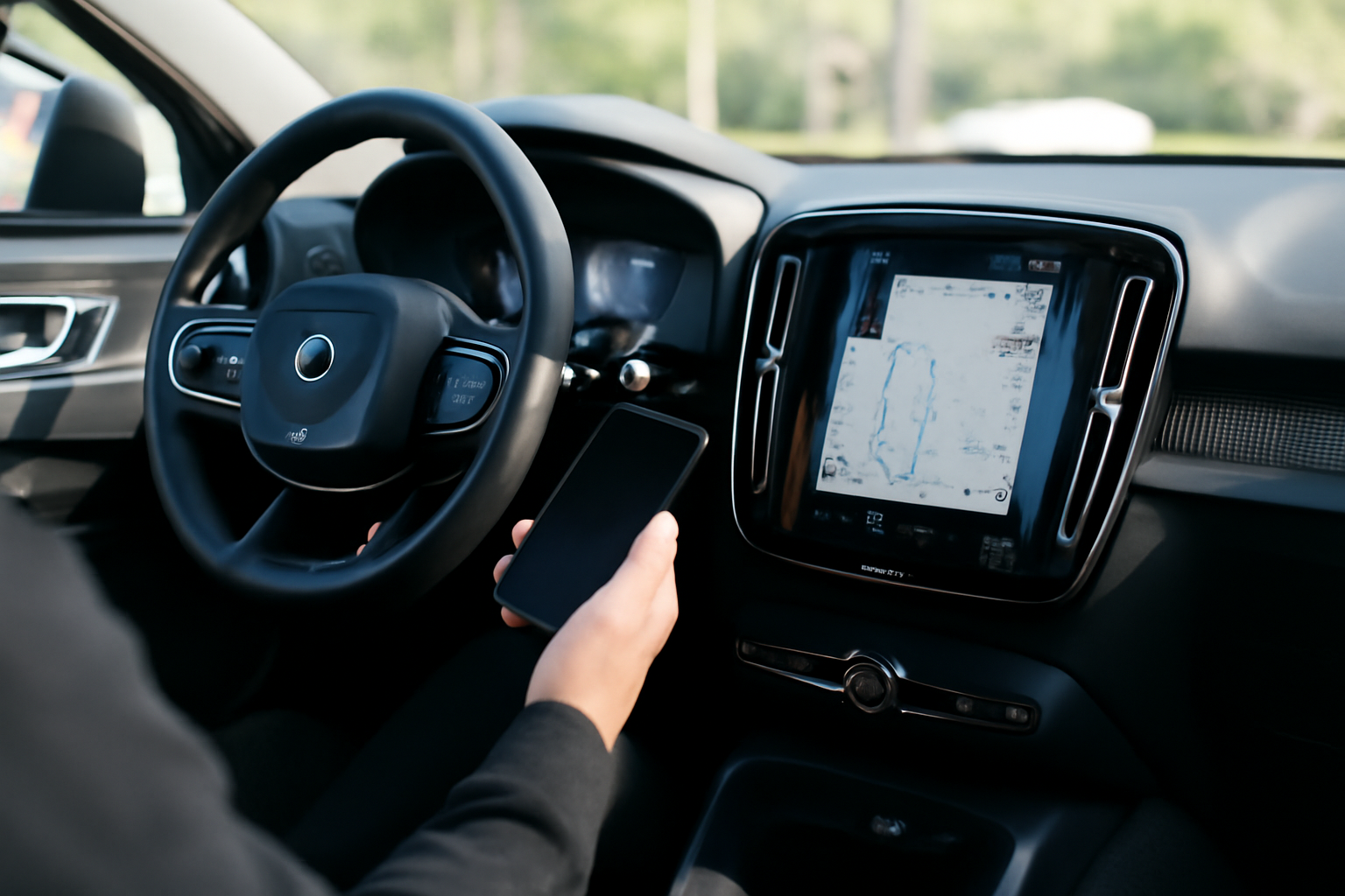 Intérieur d’une Volvo XC40 avec écran multimédia, conducteur consultant la navigation pendant un essai
