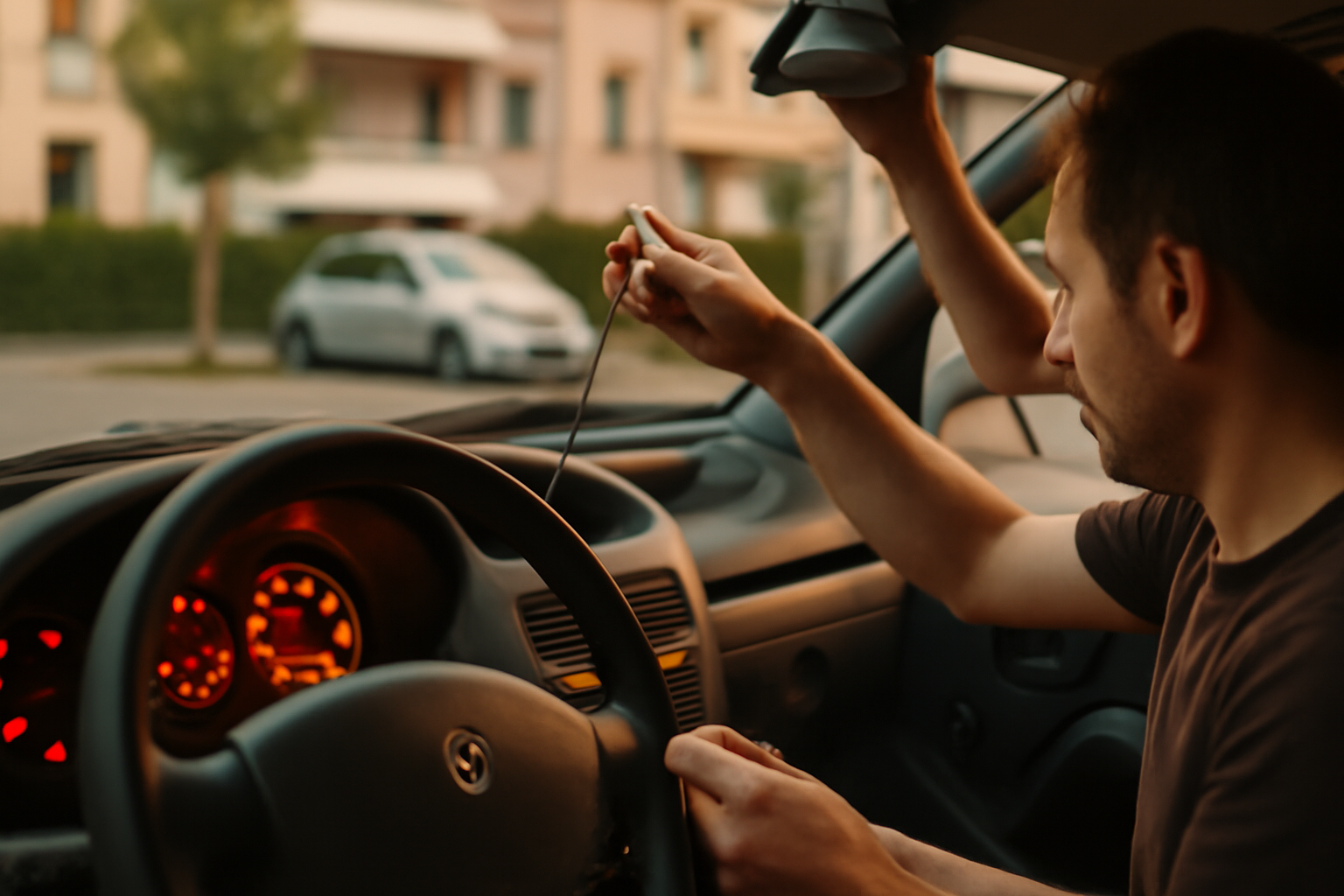 Voyant clio 2 sur le tableau de bord, témoin rouge et orange allumés, conducteur vérifiant le niveau d’huile