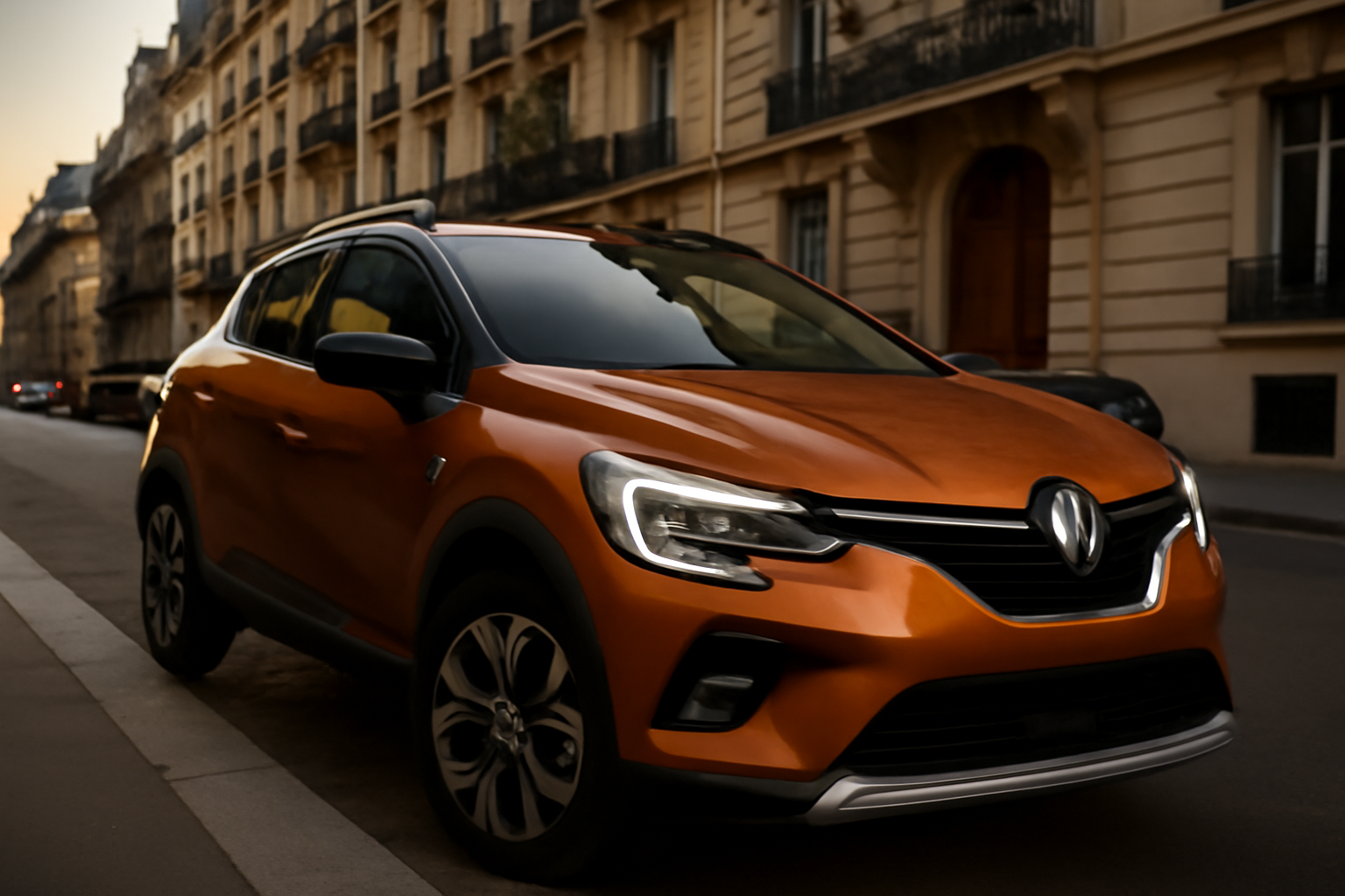Renault Captur garé en ville avec vue sur le poste de conduite et l’interface multimédia