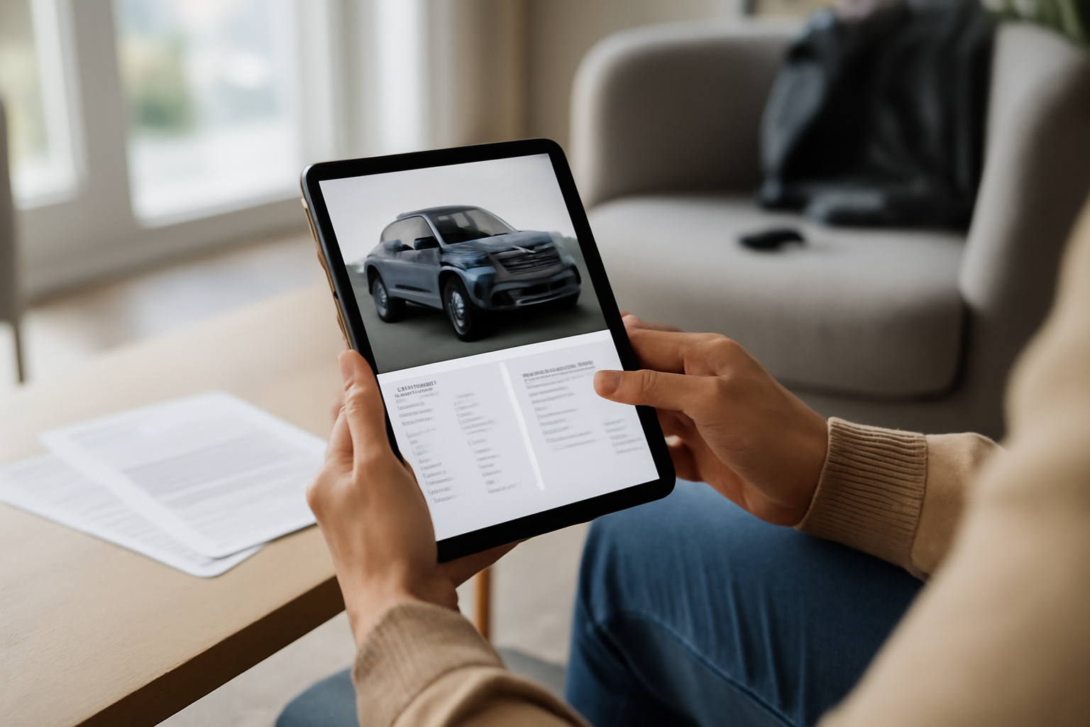 Comparaison sur tablette d’un SUV Renault avec fiche technique et estimation de budget d’usage