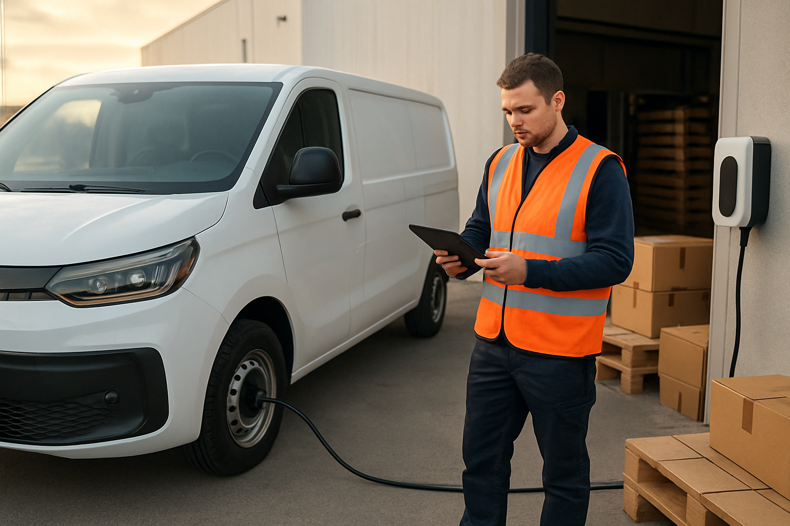 Un utilitaire électrique professionnel garé sur un dépôt avec une borne de recharge, technicien en gilet de sécurité et palette de livraison