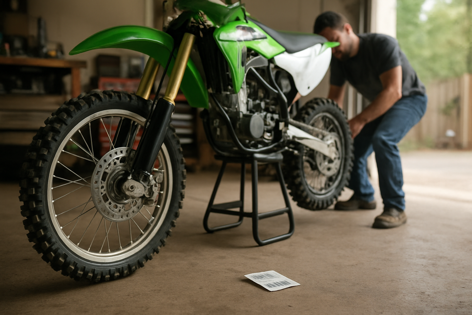 Comparaison visuelle des roues avant et arrière sur Kawasaki KX85 I et KX85 II sur un garage éclairé