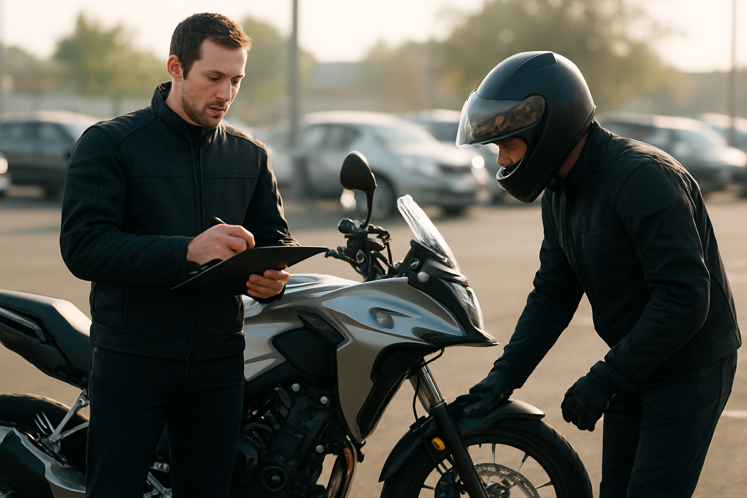 Honda CB500X d’occasion inspectée sur un parking, lumière du matin, vendeur présentant des factures