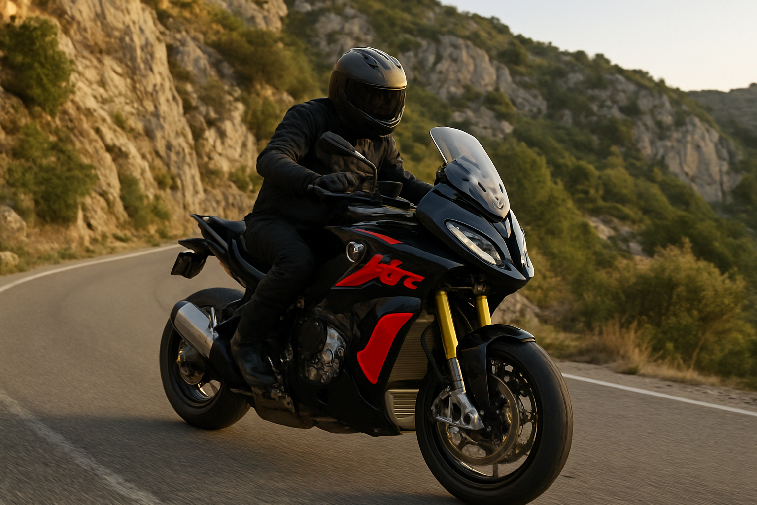 BMW M 1000 XR noire et rouge sur route sinueuse, lumière de fin d’après-midi, pilote équipé prêt à relancer