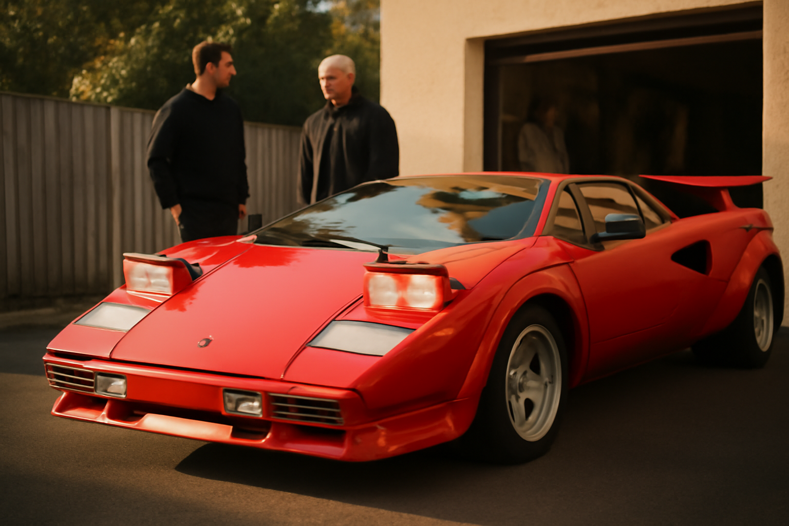 28 Lamborghini Countach d’occasion à l’arrêt, détail du V12 et carrosserie vintage
