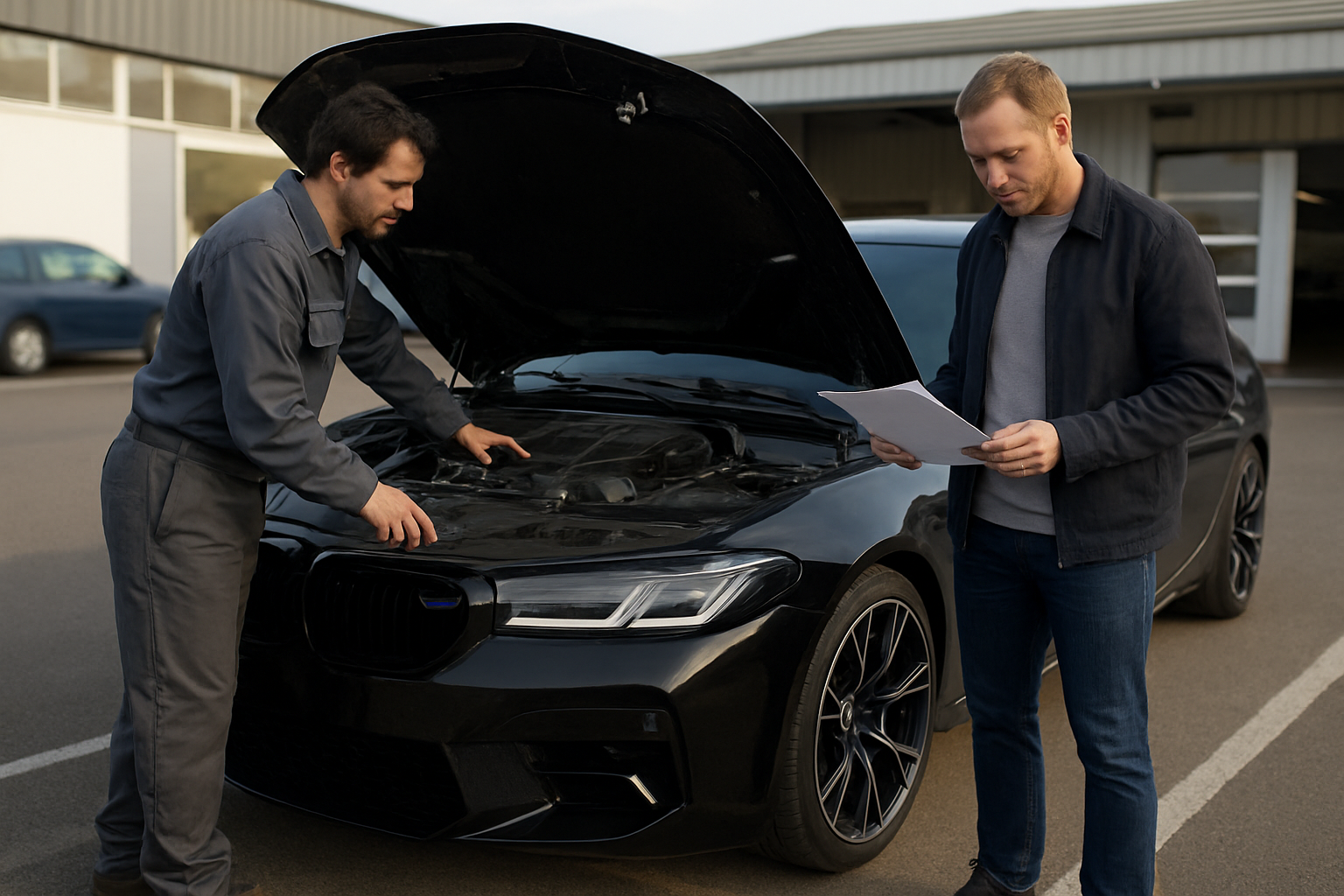BMW M5 Competition d’occasion inspectée sur un parking, lumière du matin, mécanicien et carnet de factures