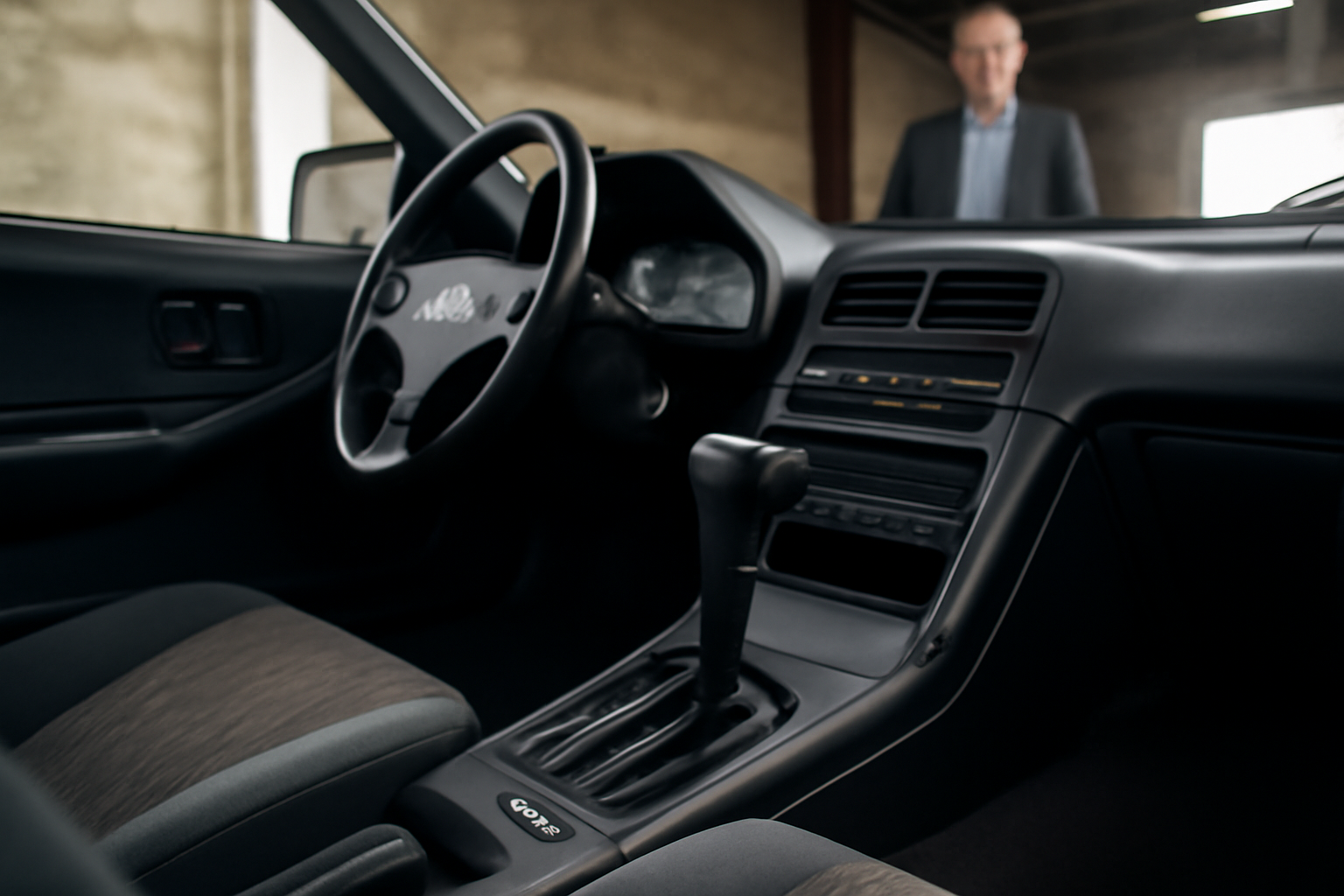 Honda CR-X avec boîte automatique, levier de vitesses et console centrale en vue rapprochée, lumière de garage