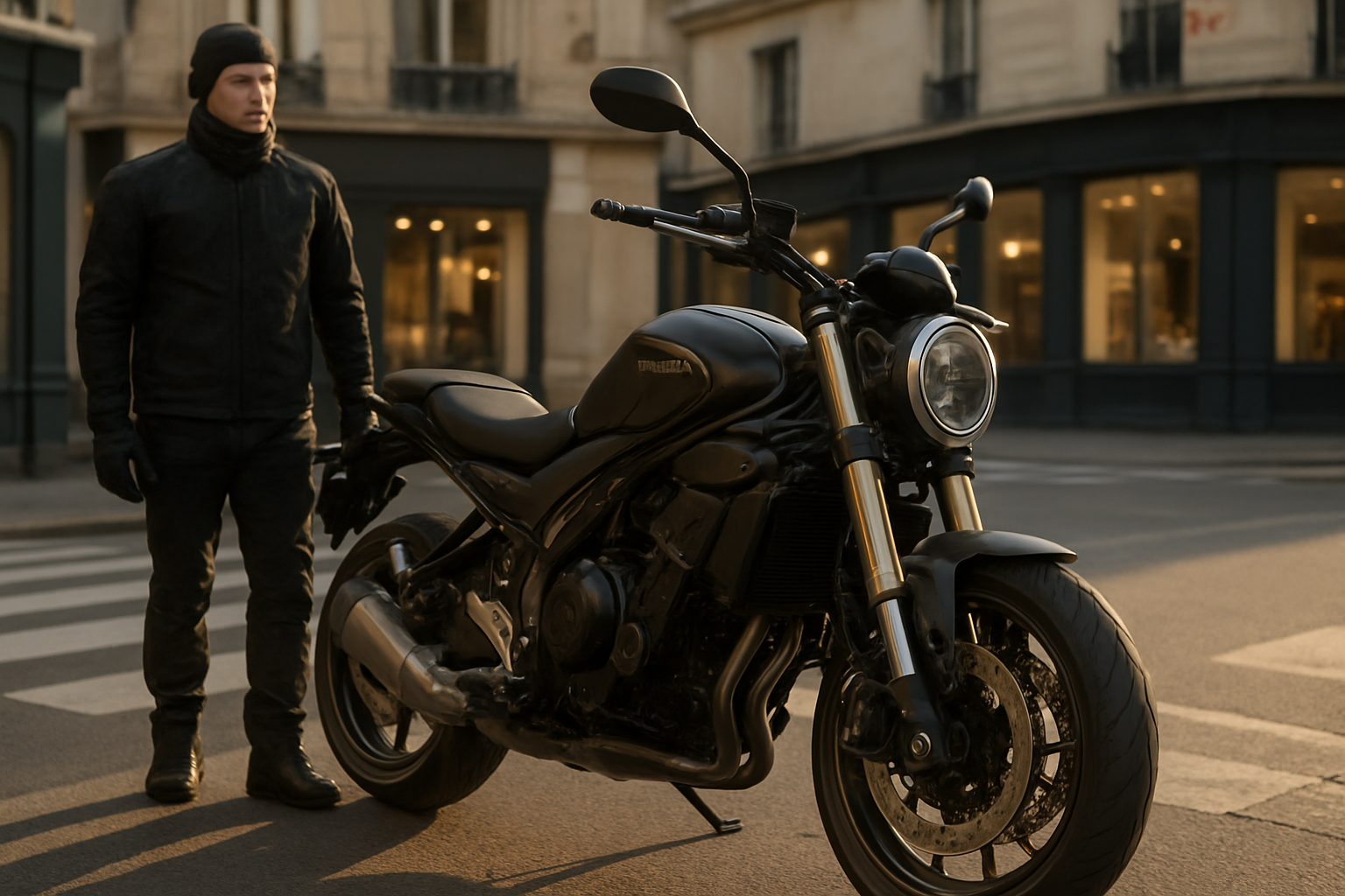 QJ Motor SRV 550 en situation urbaine, double disque avant ABS visible