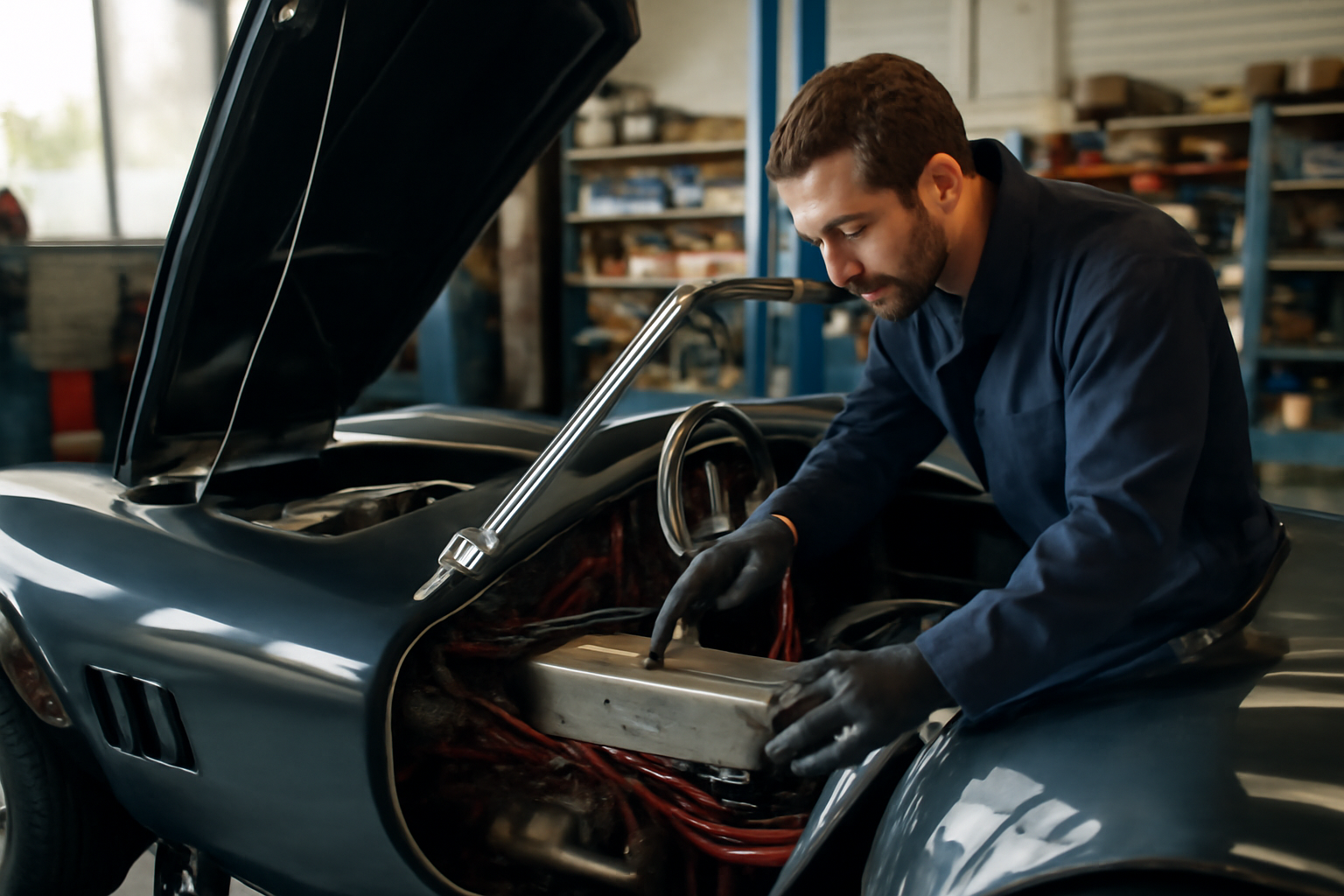 AC Cobra V8 d’occasion : compartiment moteur et marquages visibles lors d’une inspection