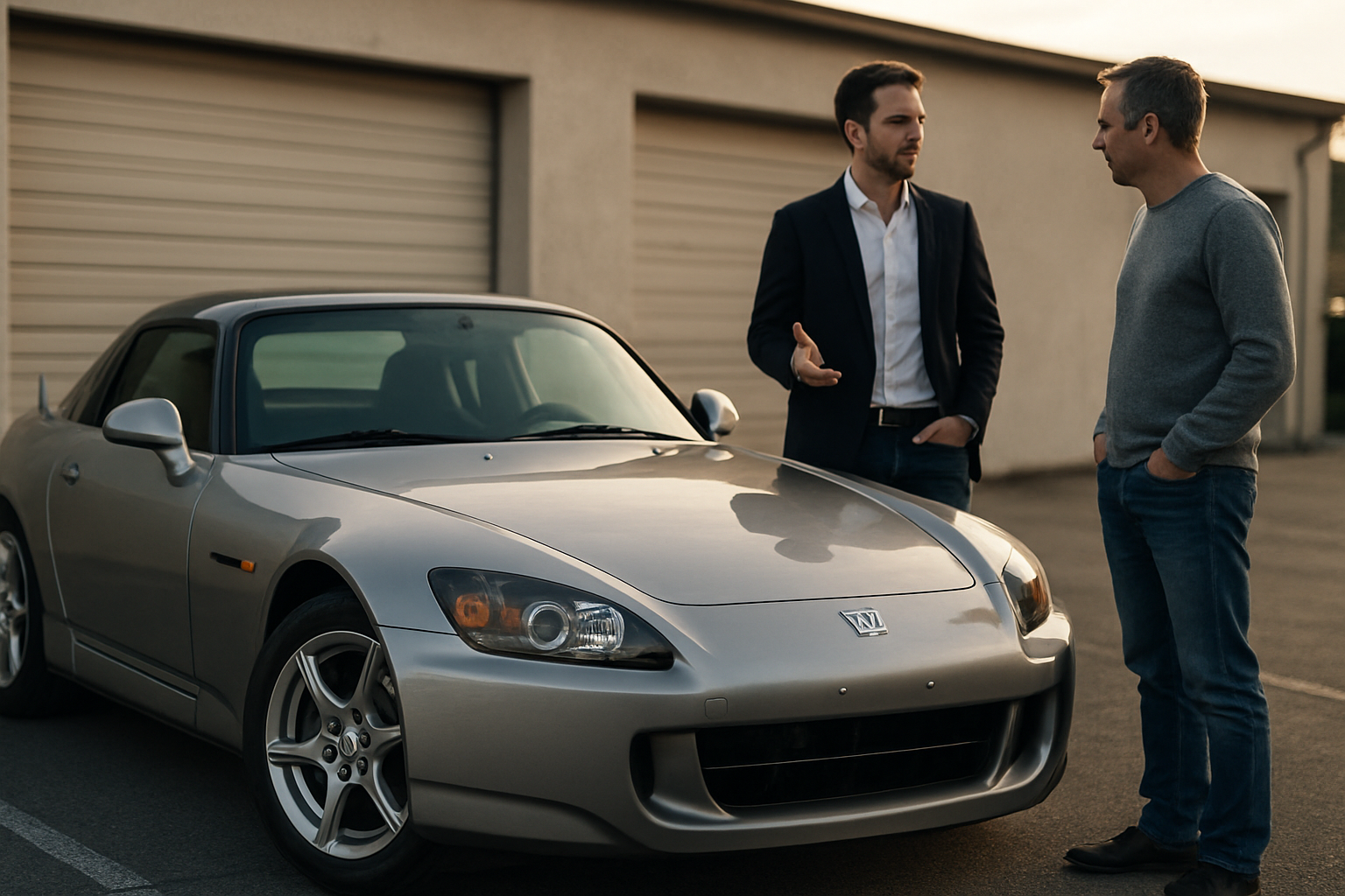 Une Honda S2000 garée sur un parking, vue avant et détails du châssis